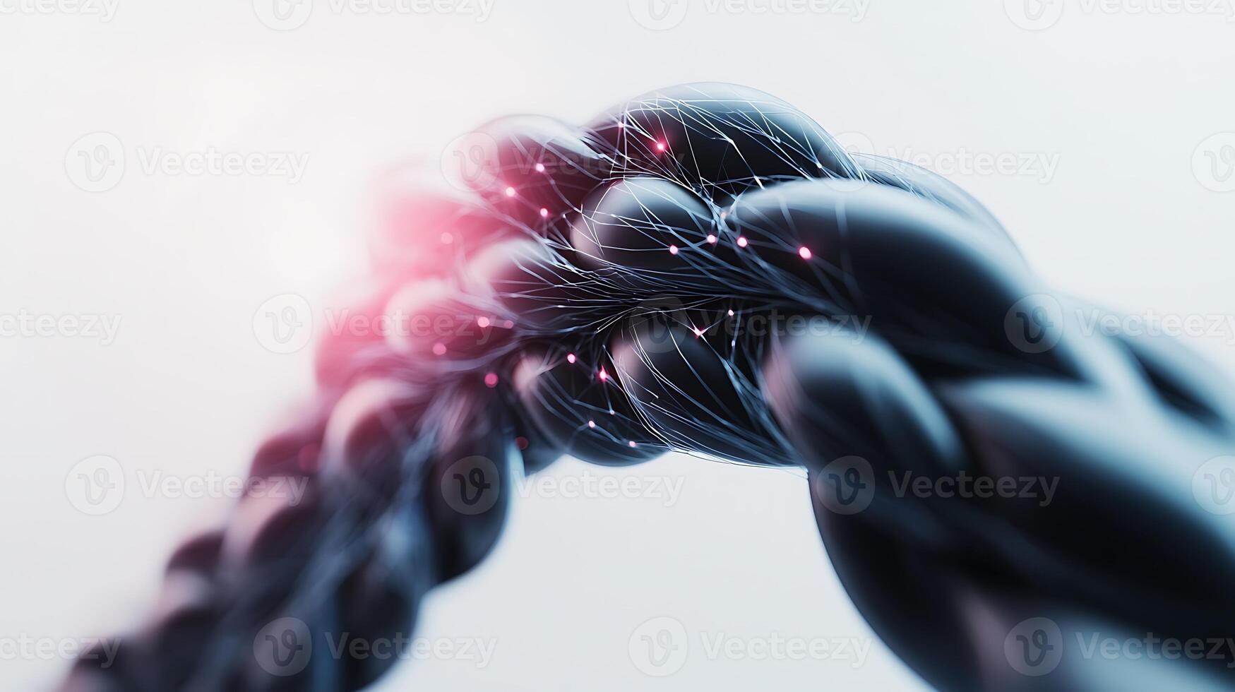 Close-up view of a braided black rope with glowing particles against a soft gradient background photo