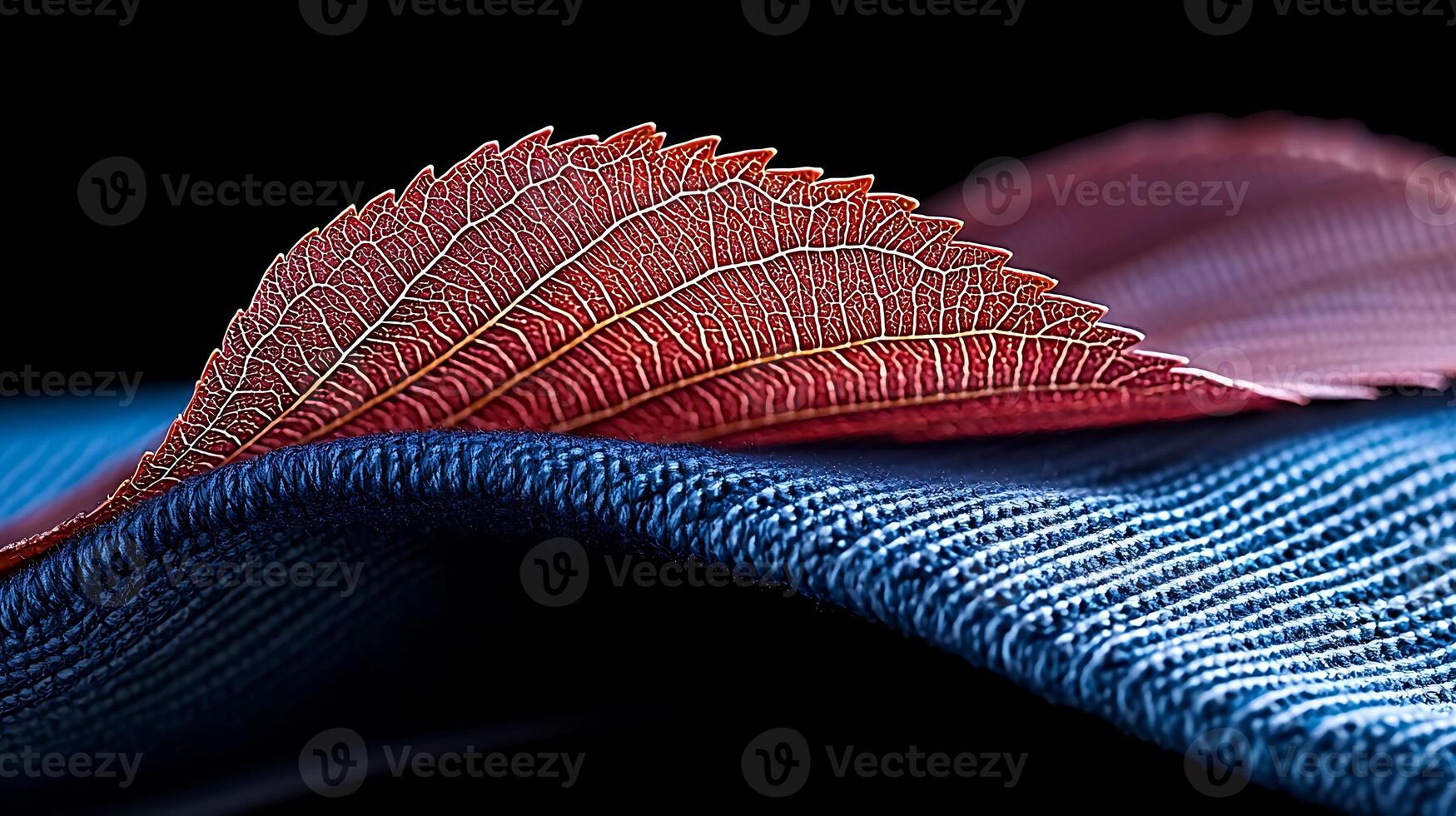 Close-up of vibrant red and blue fabric with intricate leaf patterns, showcasing texture and color photo