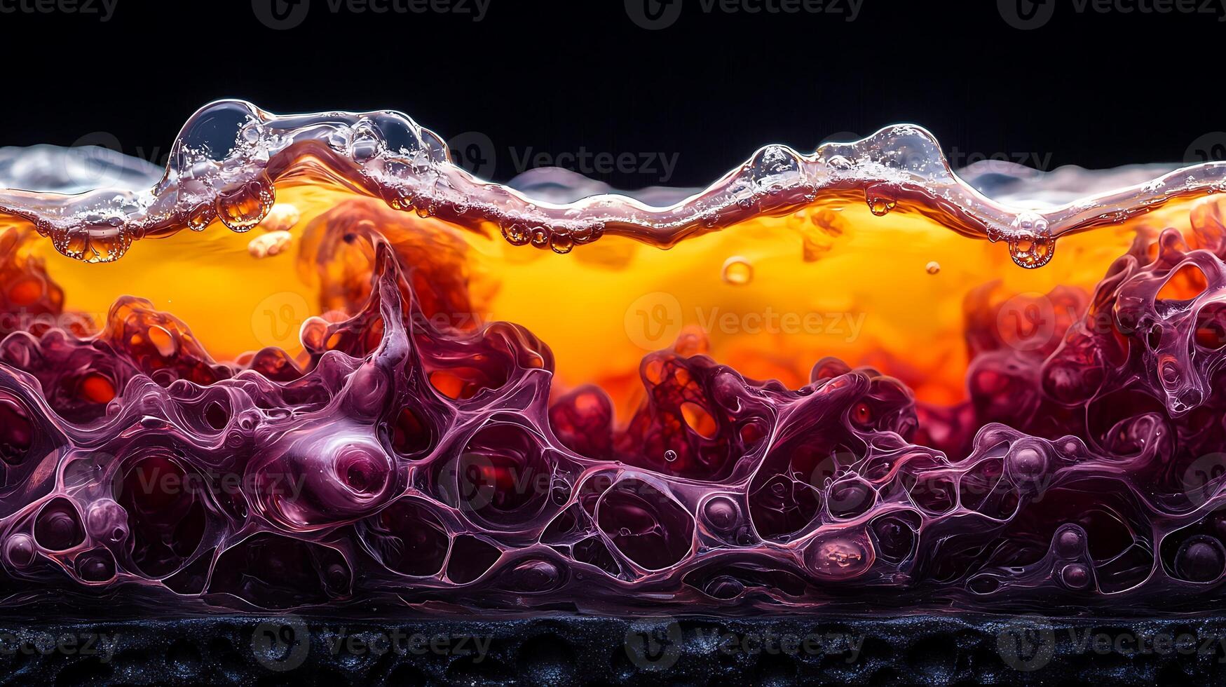 Close-up of vibrant liquid layers showcasing bubbles and textures in a dark setting photo