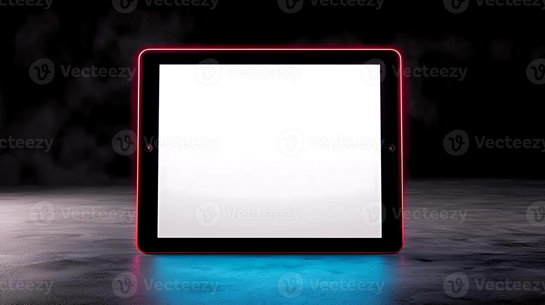 A blank digital tablet illuminated with a glowing edge, set against a dark smoky background photo