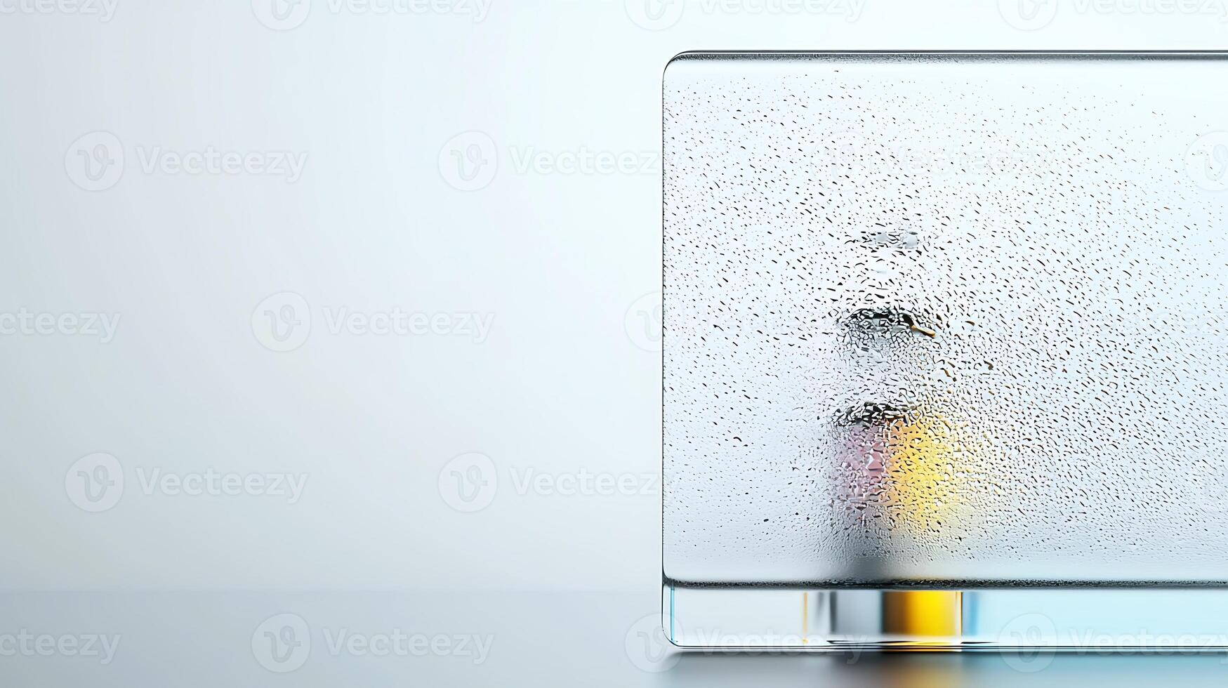 A blurred glass block with condensation, showcasing a colorful beverage behind it on a table photo