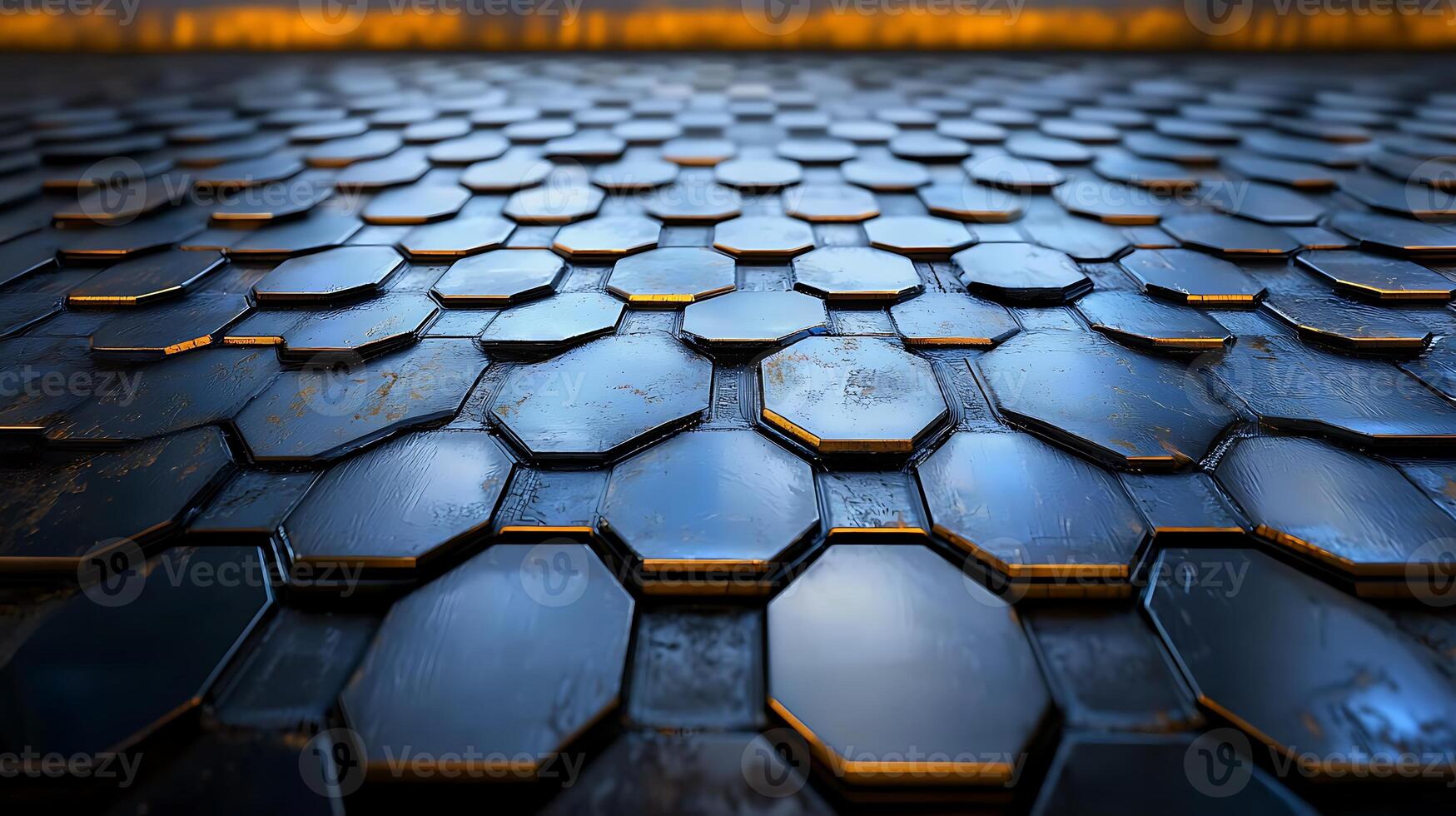 Close-up view of a textured hexagonal tile floor with reflections, showcasing industrial design elements photo