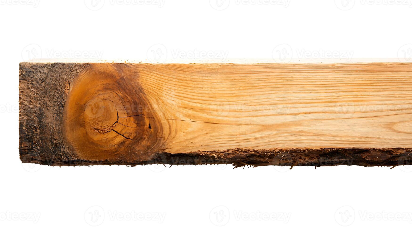 Close-up view of a raw wooden plank showcasing natural grain patterns and knots against a white background photo