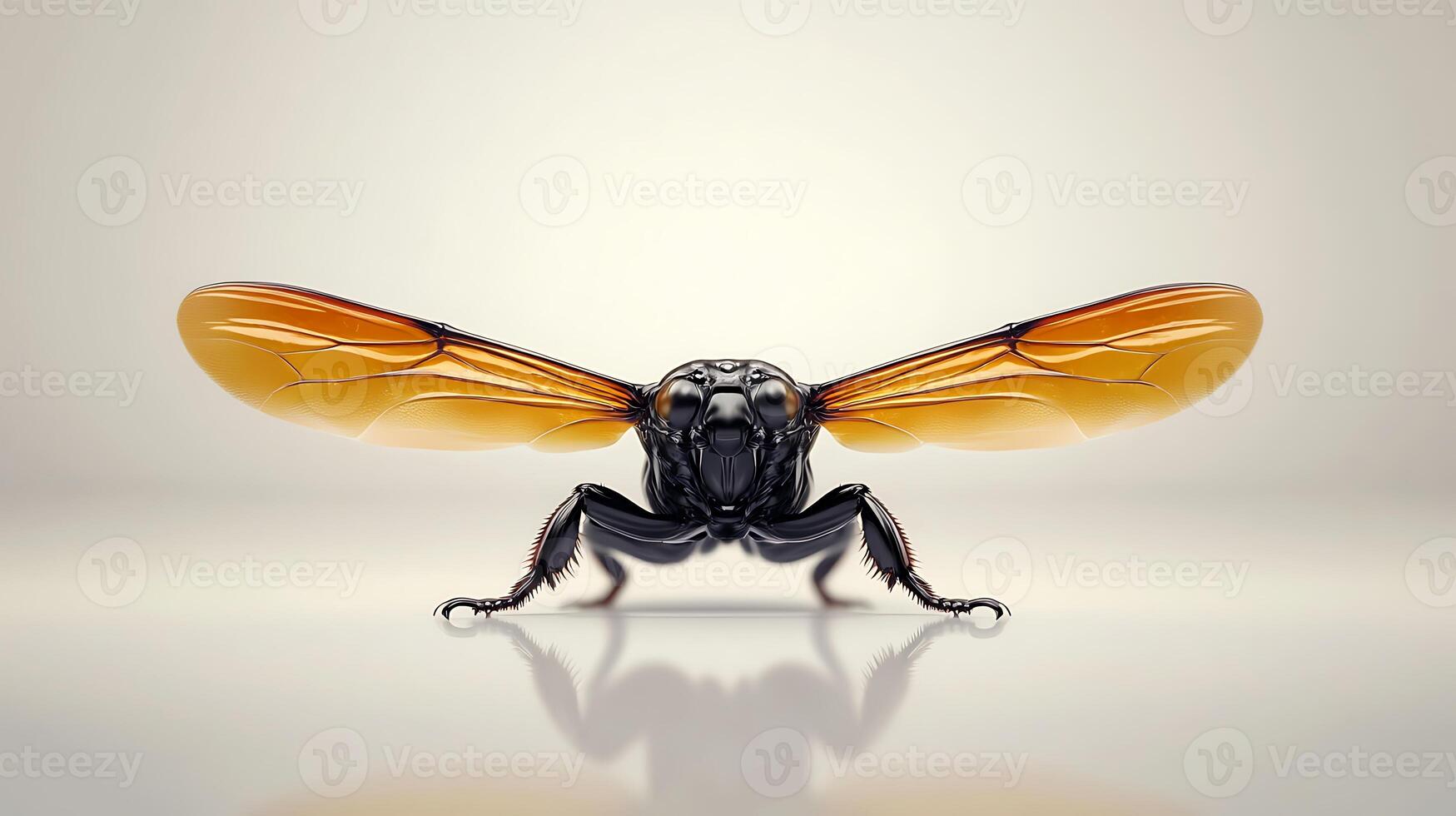 Close-up view of a stylized insect with transparent wings on a smooth surface, showcasing intricate details photo