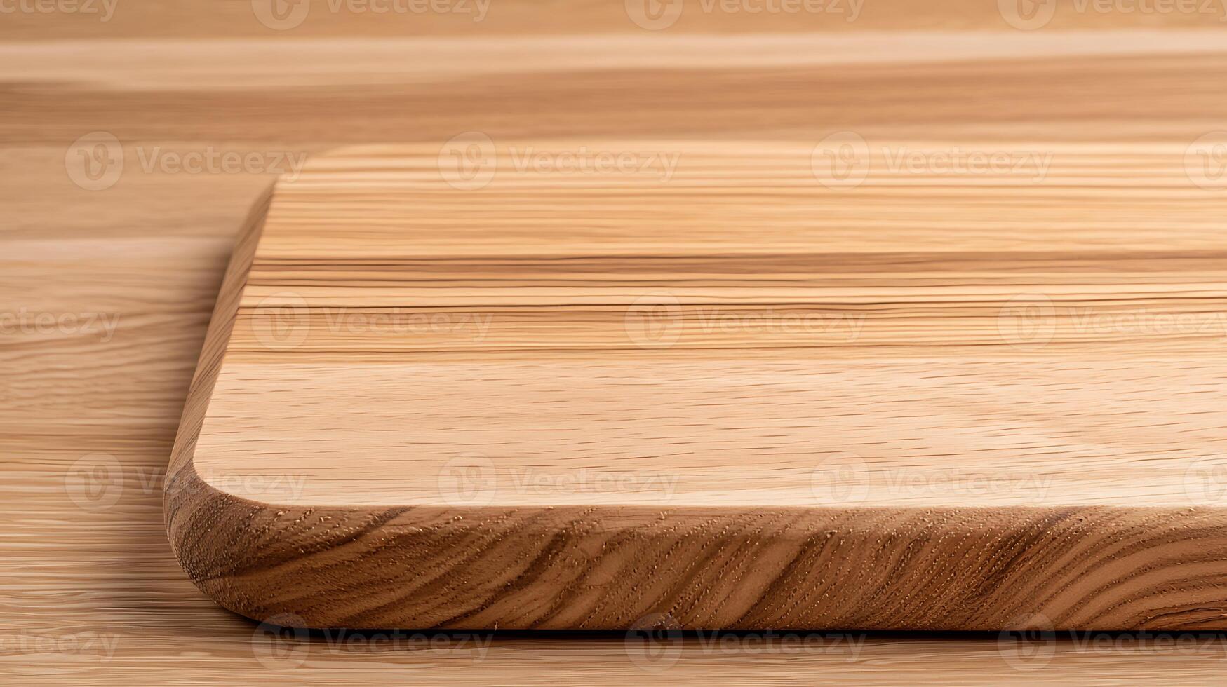 Close-up view of a smooth wooden cutting board showcasing natural grain patterns on a kitchen countertop photo