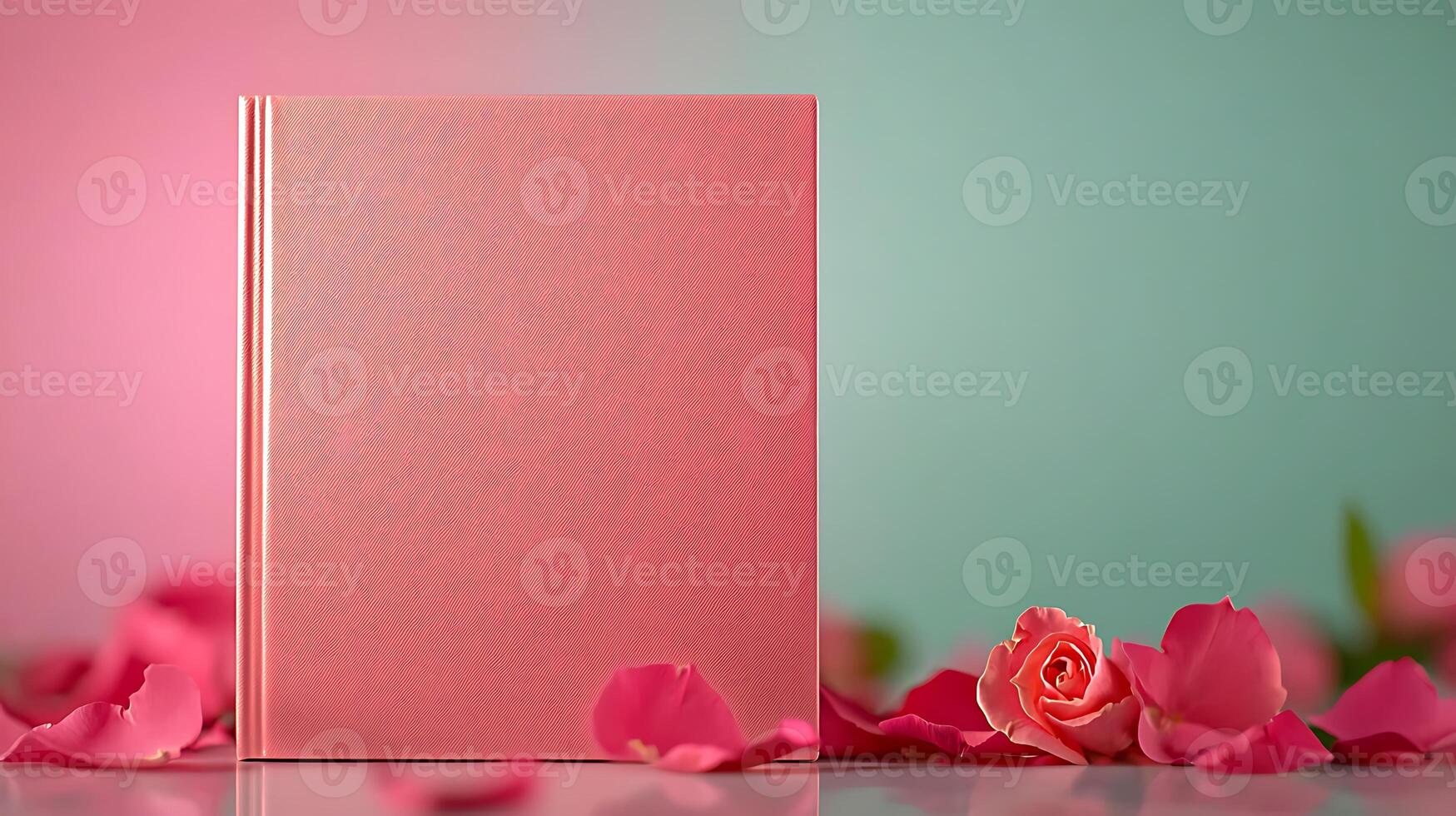 A blank pink book surrounded by rose petals on a soft gradient background photo
