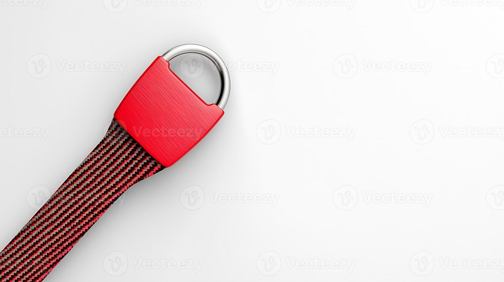 Close-up view of a red belt buckle on a striped strap against a clean white background photo