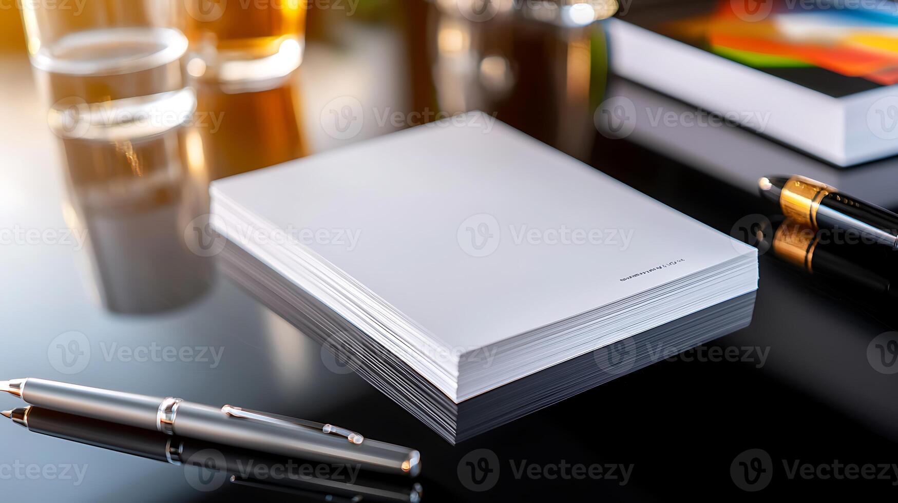 A clean, blank notepad on a reflective surface with a pen and drinks in the background photo