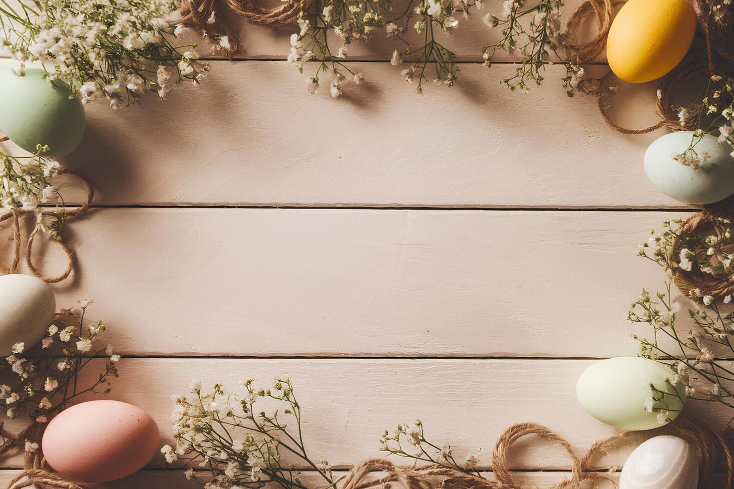 Minimalist Easter Aesthetic with Wooden Textures, Twine, and Delicate Flowers photo