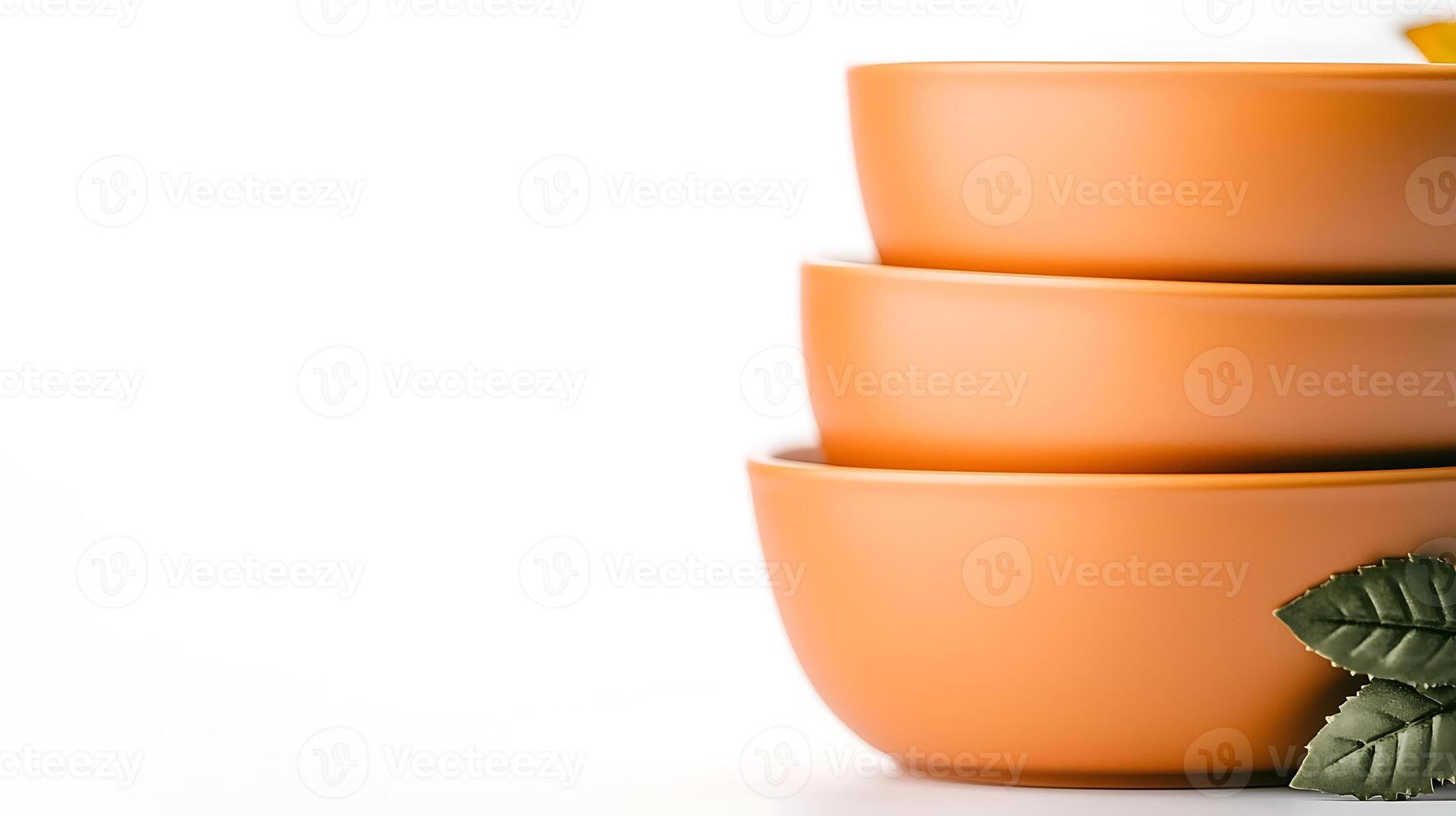 Stacked orange bowls with a single green leaf on a white background, showcasing minimalism photo