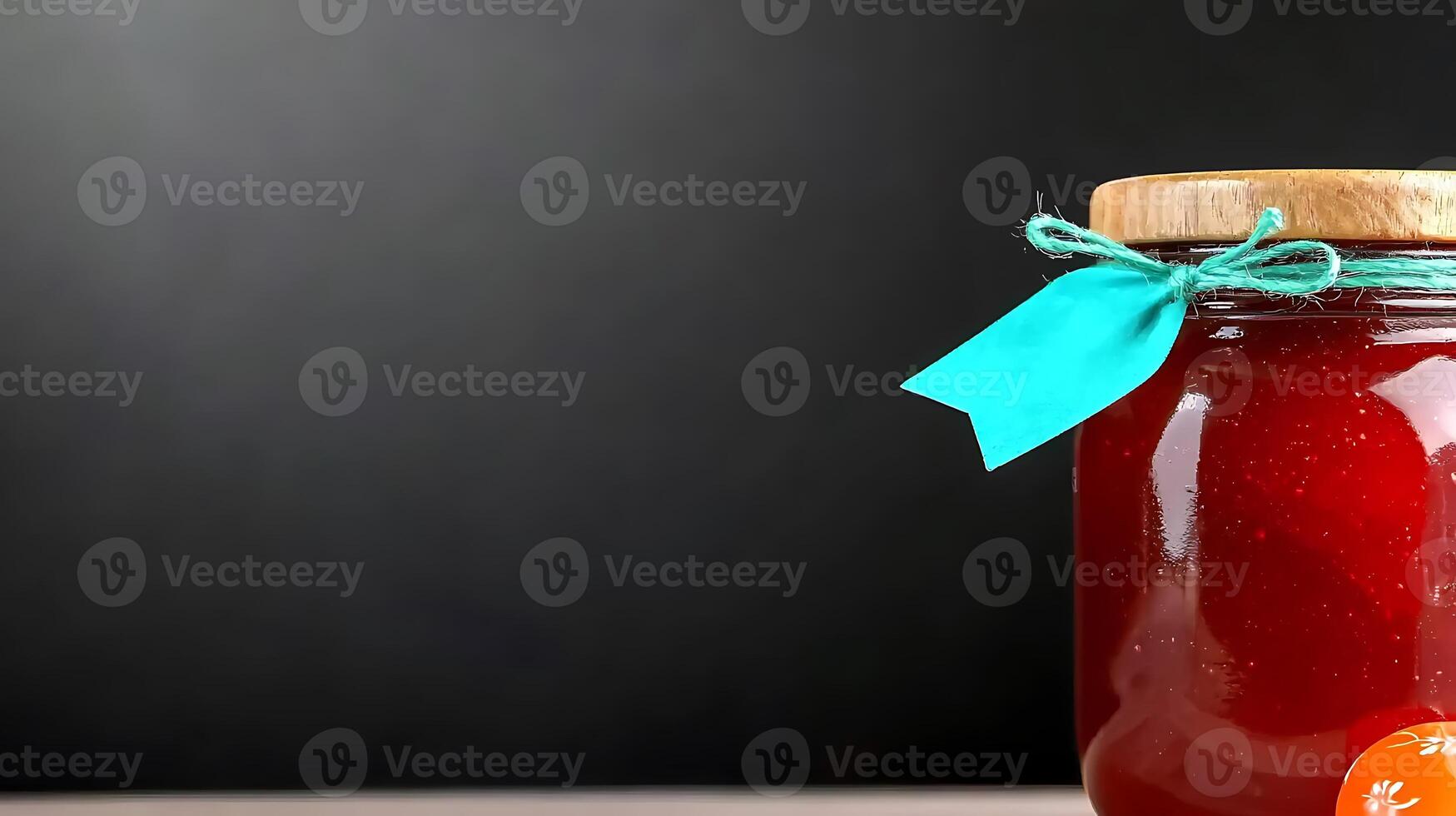 A close-up of a jar of red jam with a wooden lid and decorative ribbon against a dark background photo