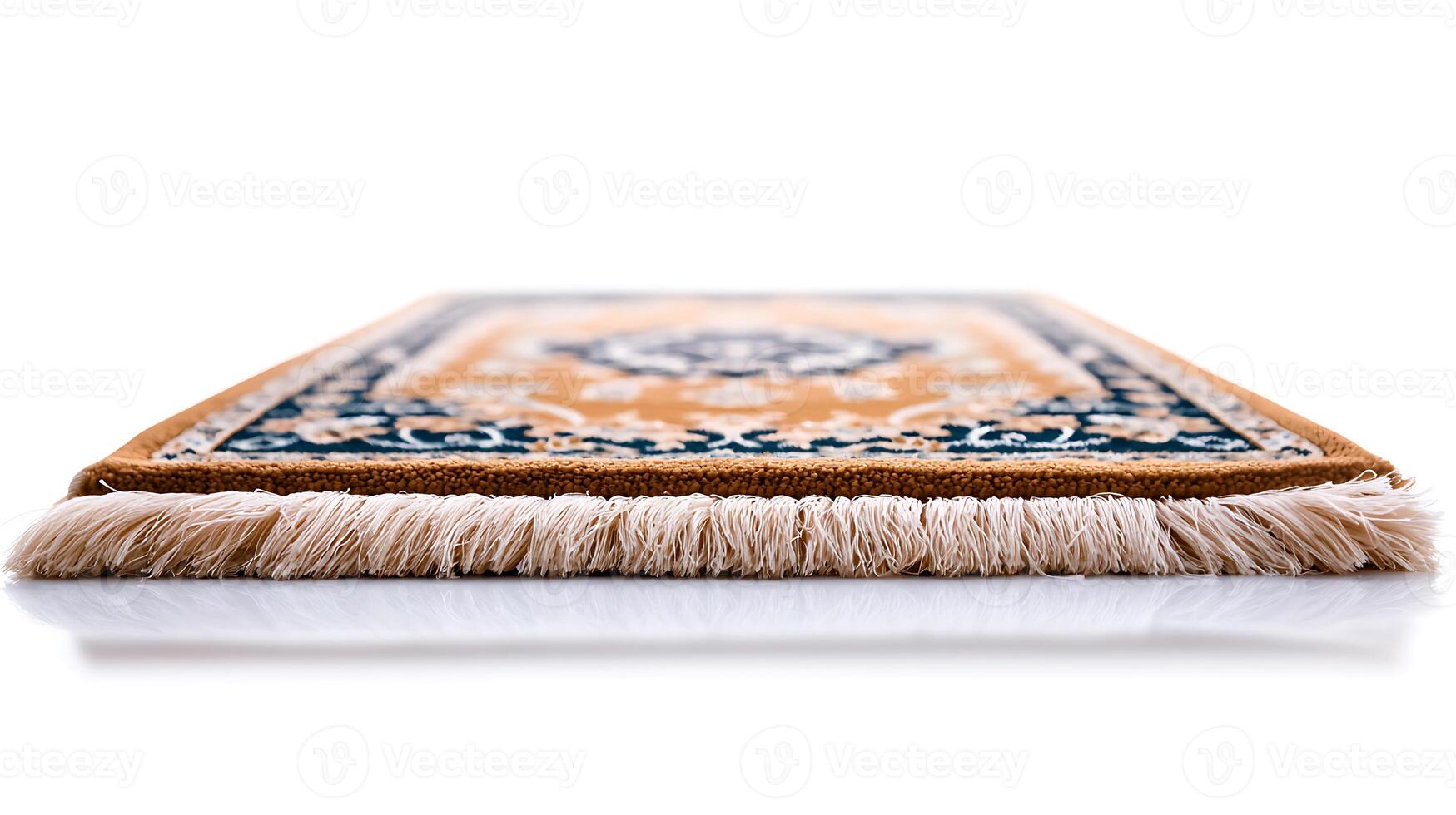 Close-up view of a beautifully patterned rug with intricate designs and soft fringes photo