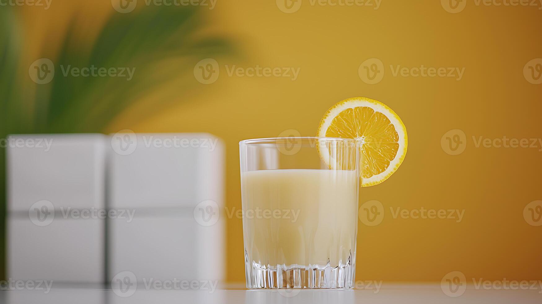 Refreshing glass of citrus juice with a lemon slice, set against a vibrant yellow backdrop photo