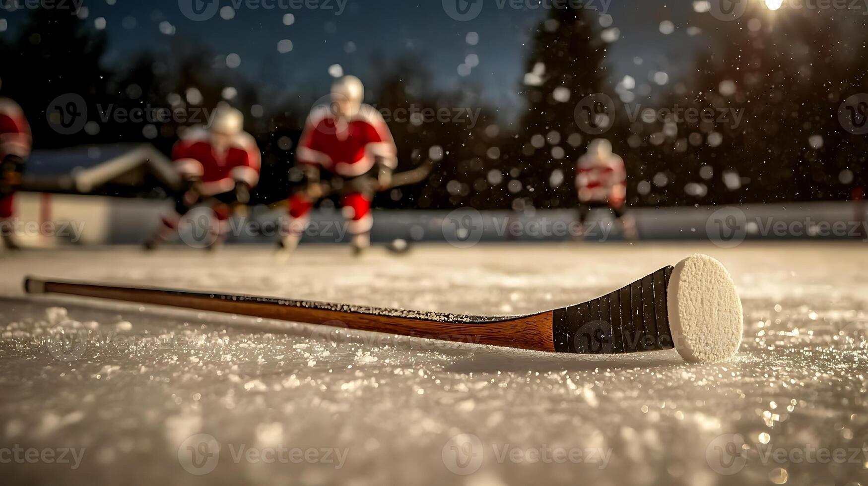Ice hockey players practice on a snowy rink at dusk, showcasing teamwork and skill in action photo