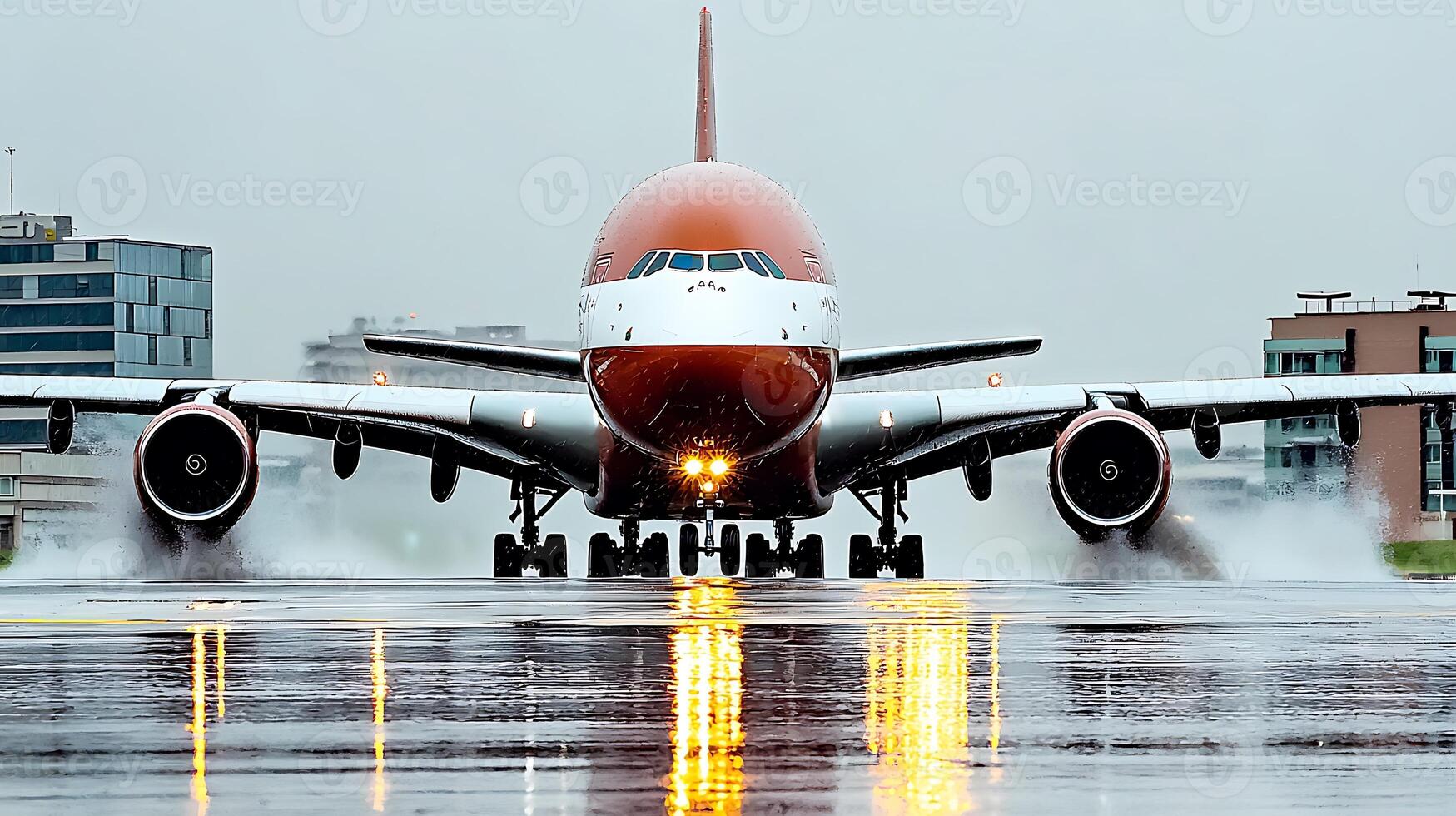 Large passenger airplane taking off in rainy weather with reflections on wet runway photo