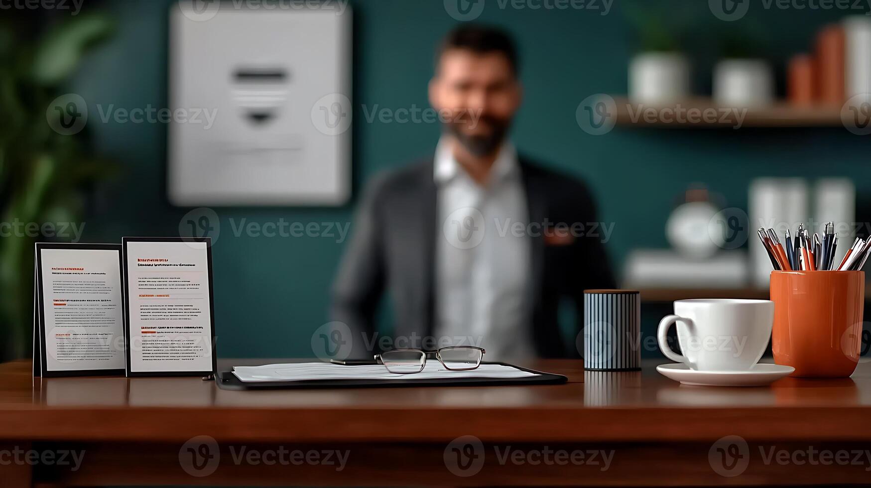 Professional man in a stylish office setting with documents and coffee cup on desk photo