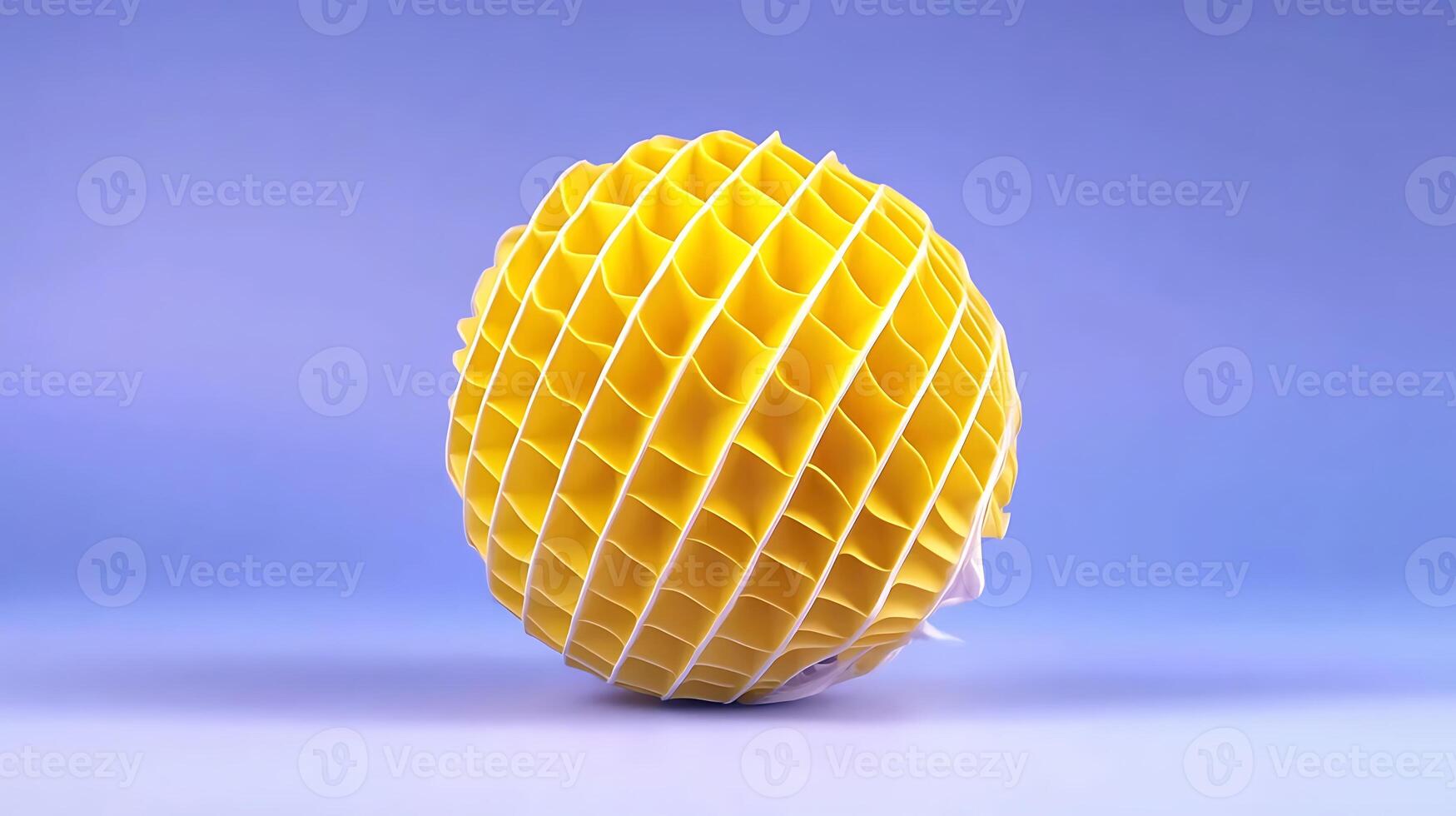 Yellow spherical object with a textured surface against a soft purple background photo