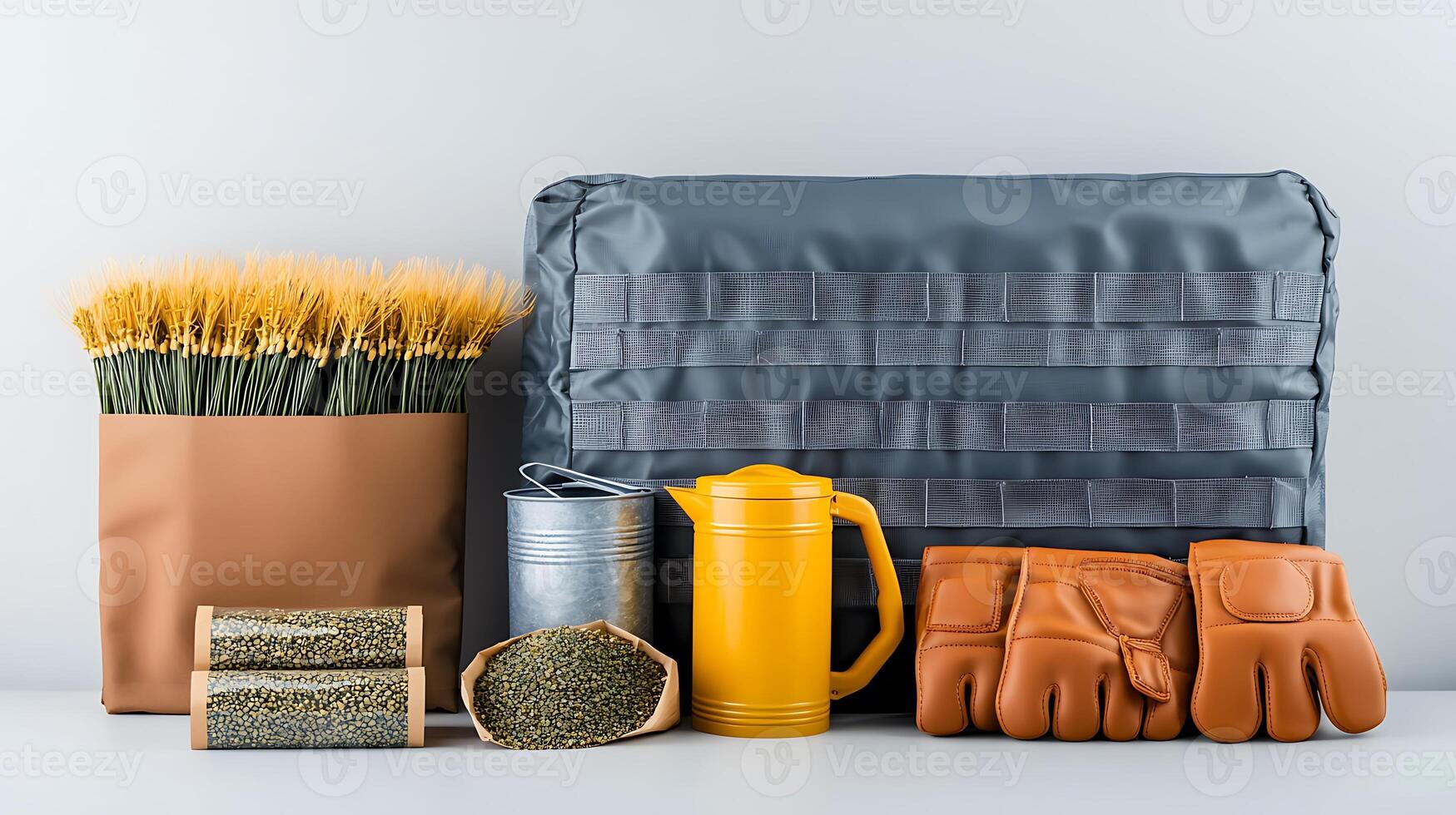 Arrangement of gardening tools and supplies including gloves, seeds, and a watering can on a table photo