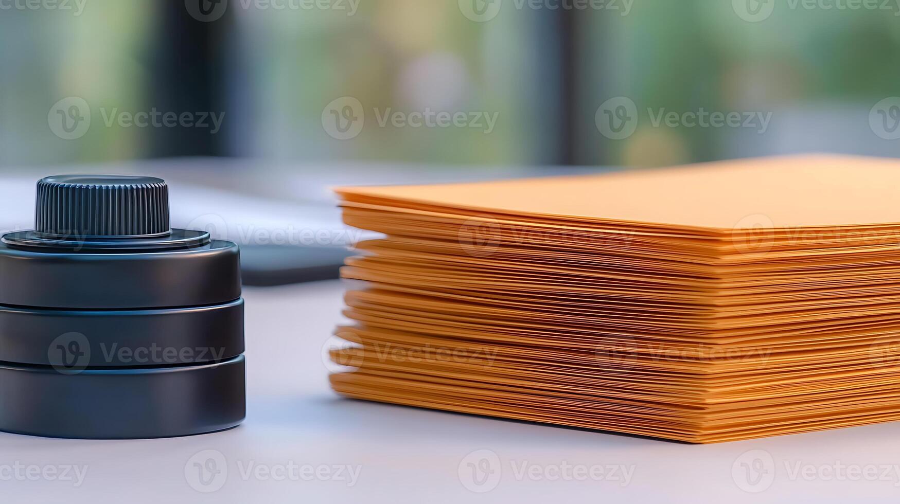 Stack of orange envelopes next to a black container on a table with blurred background photo