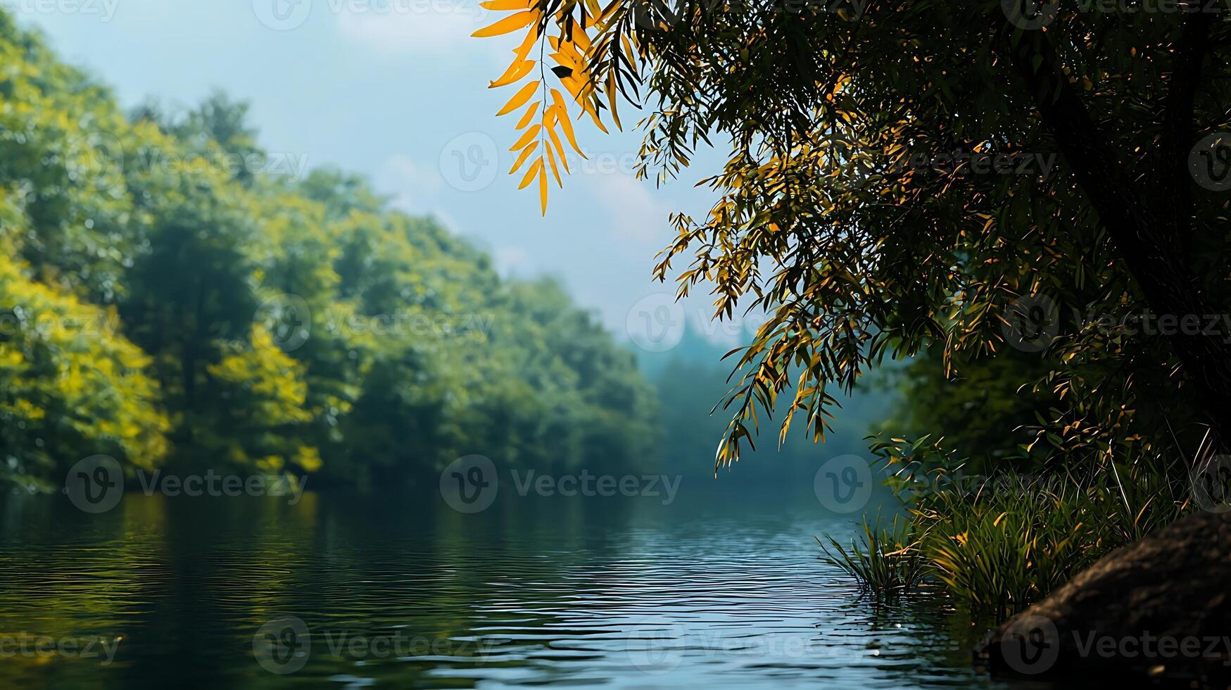 Serene riverside scene with lush greenery, calm water reflecting trees, and soft morning light photo