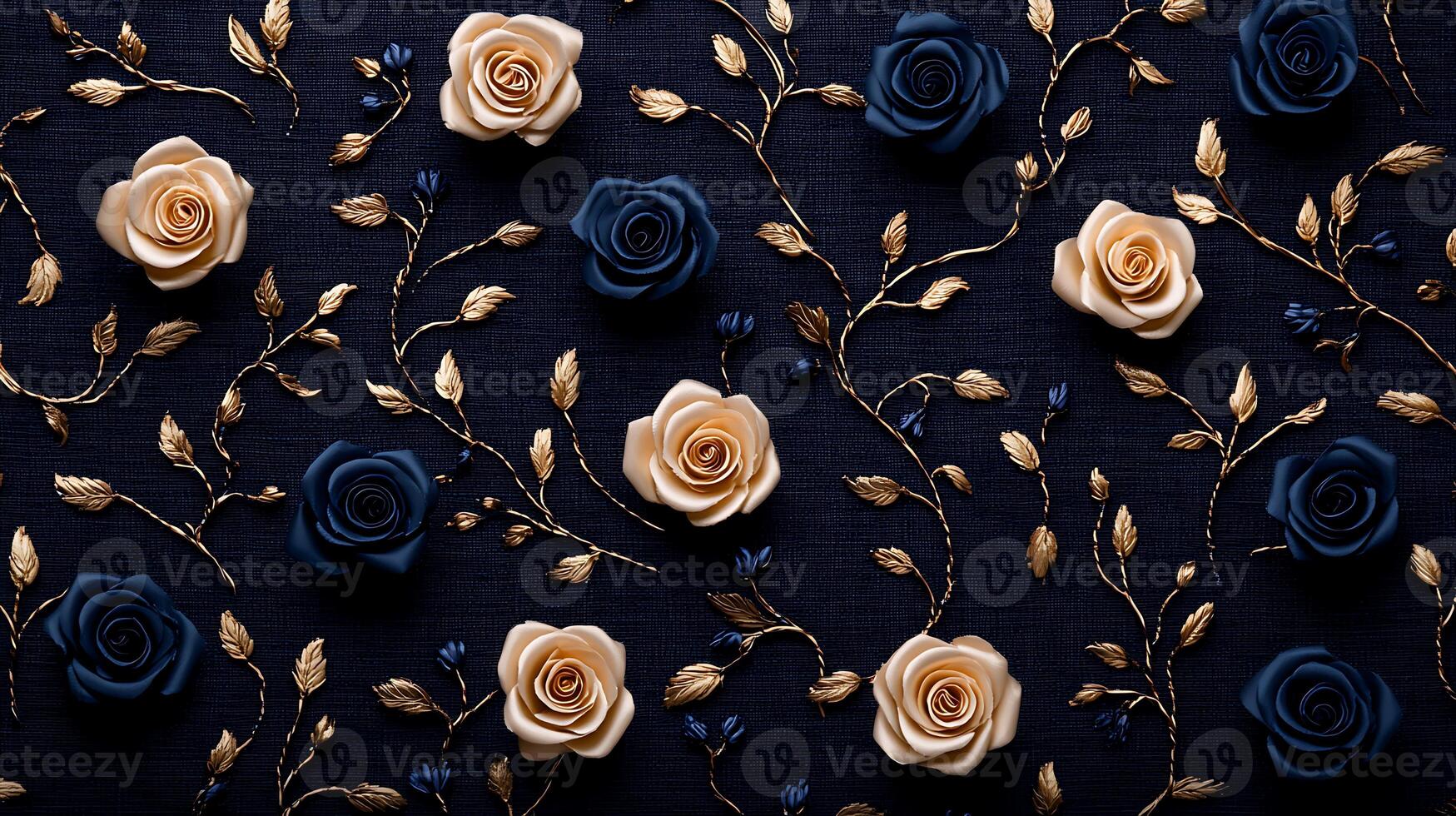 Elegant arrangement of navy and cream roses with golden leaves on a dark fabric background photo