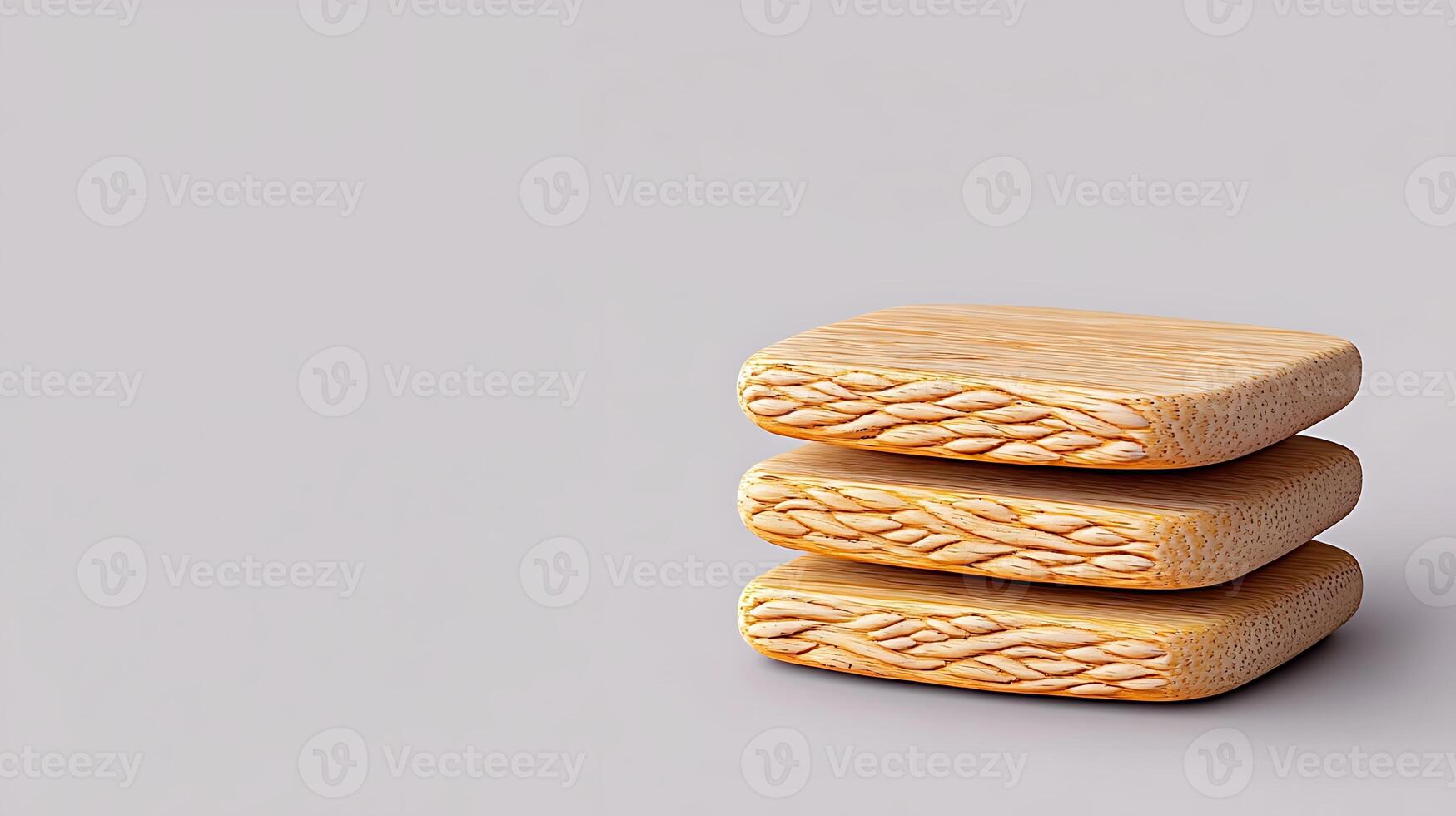 Three intricately designed wooden coasters stacked on a minimalist background, showcasing craftsmanship photo