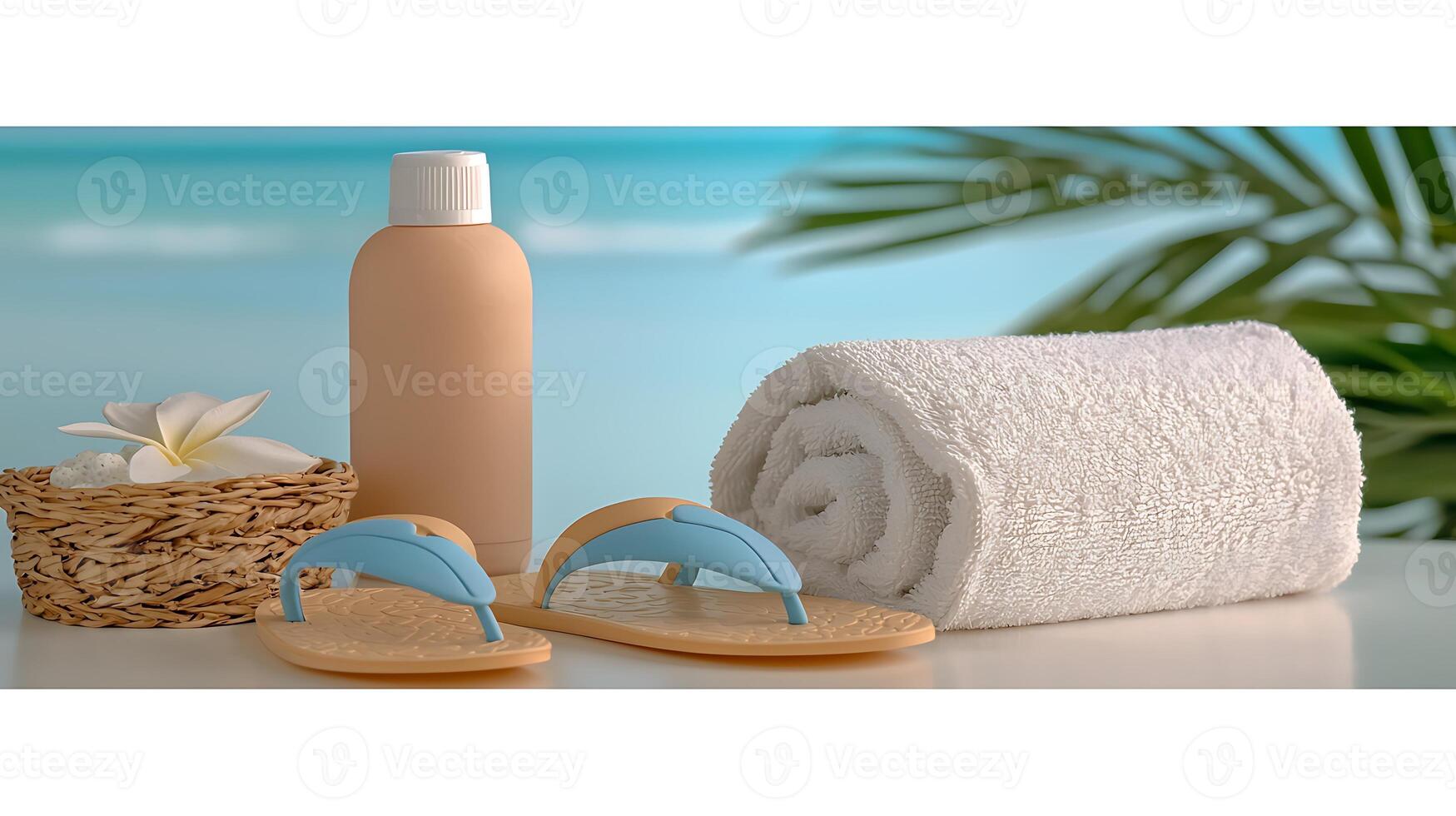 Relaxing beach scene with a towel, lotion, and flip-flops beside a tropical backdrop photo