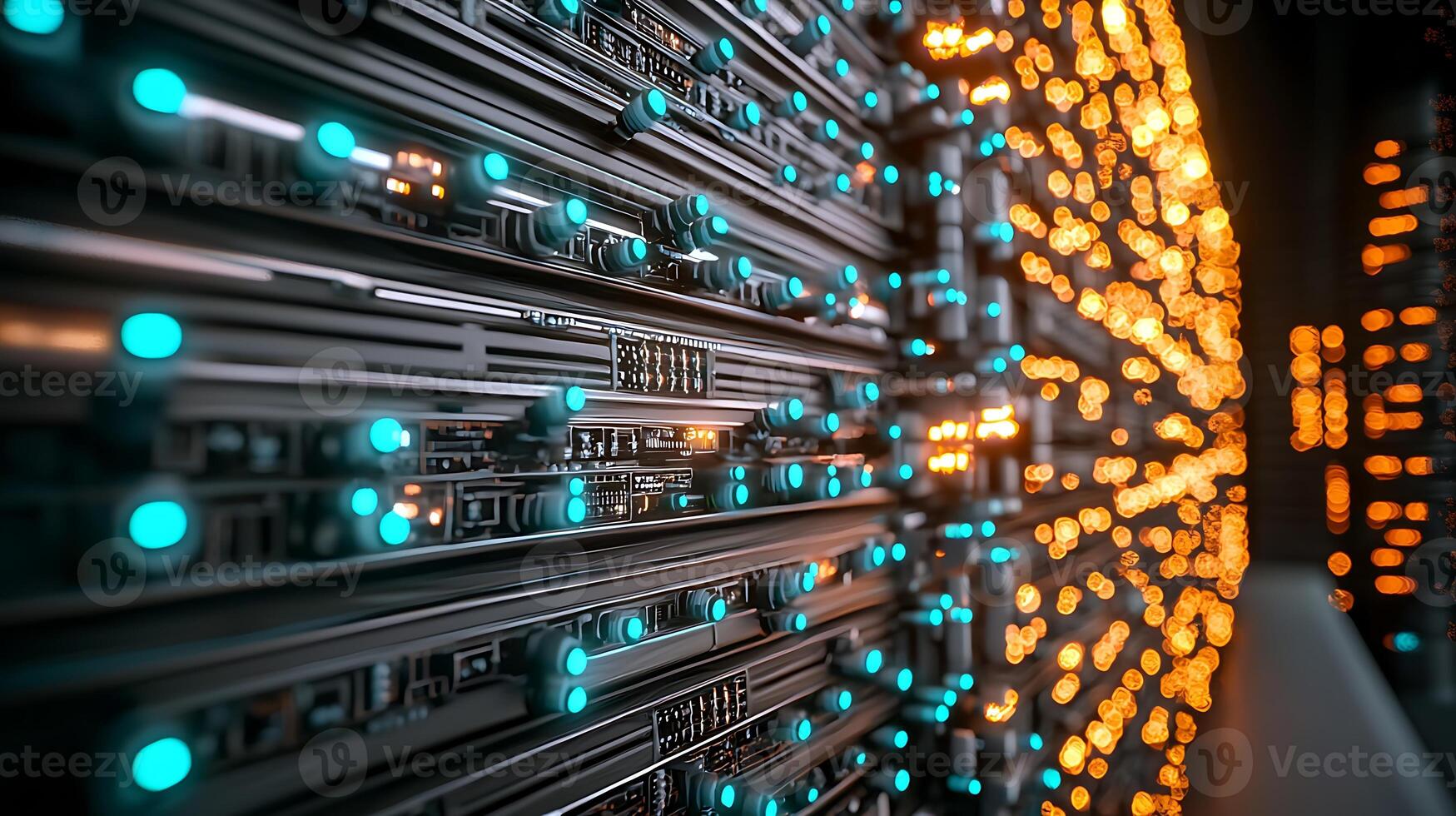 Close-up view of illuminated server racks showcasing data storage technology in action photo