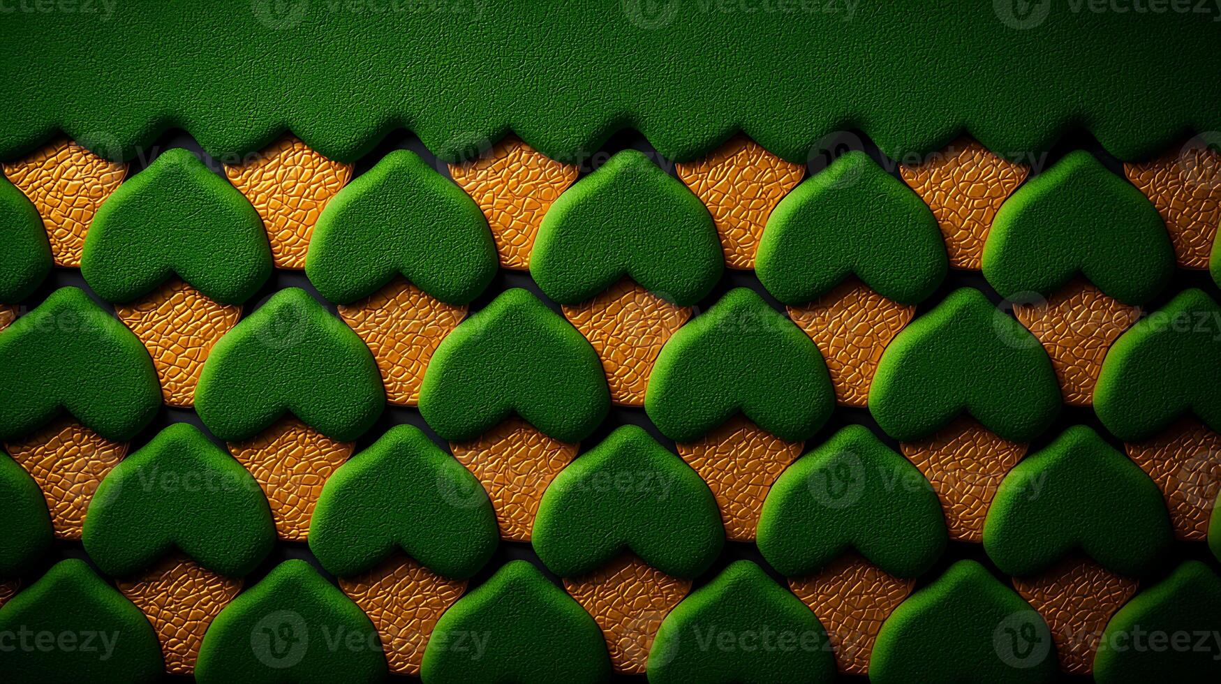 Close-up view of textured green and gold patterned surface resembling leaves and scales photo