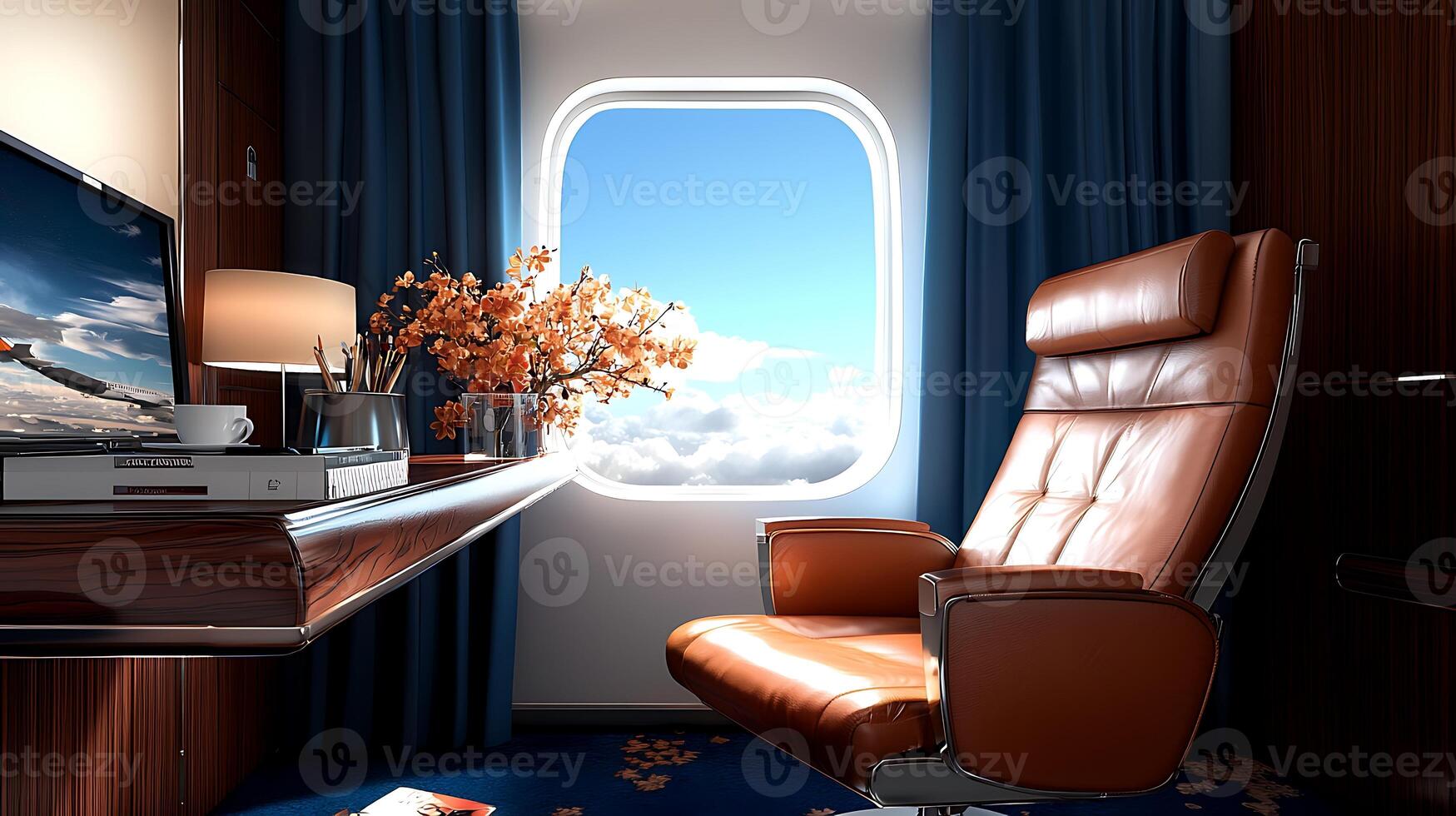 Luxurious airplane interior with a brown leather chair, desk, flowers, and a view of clouds photo
