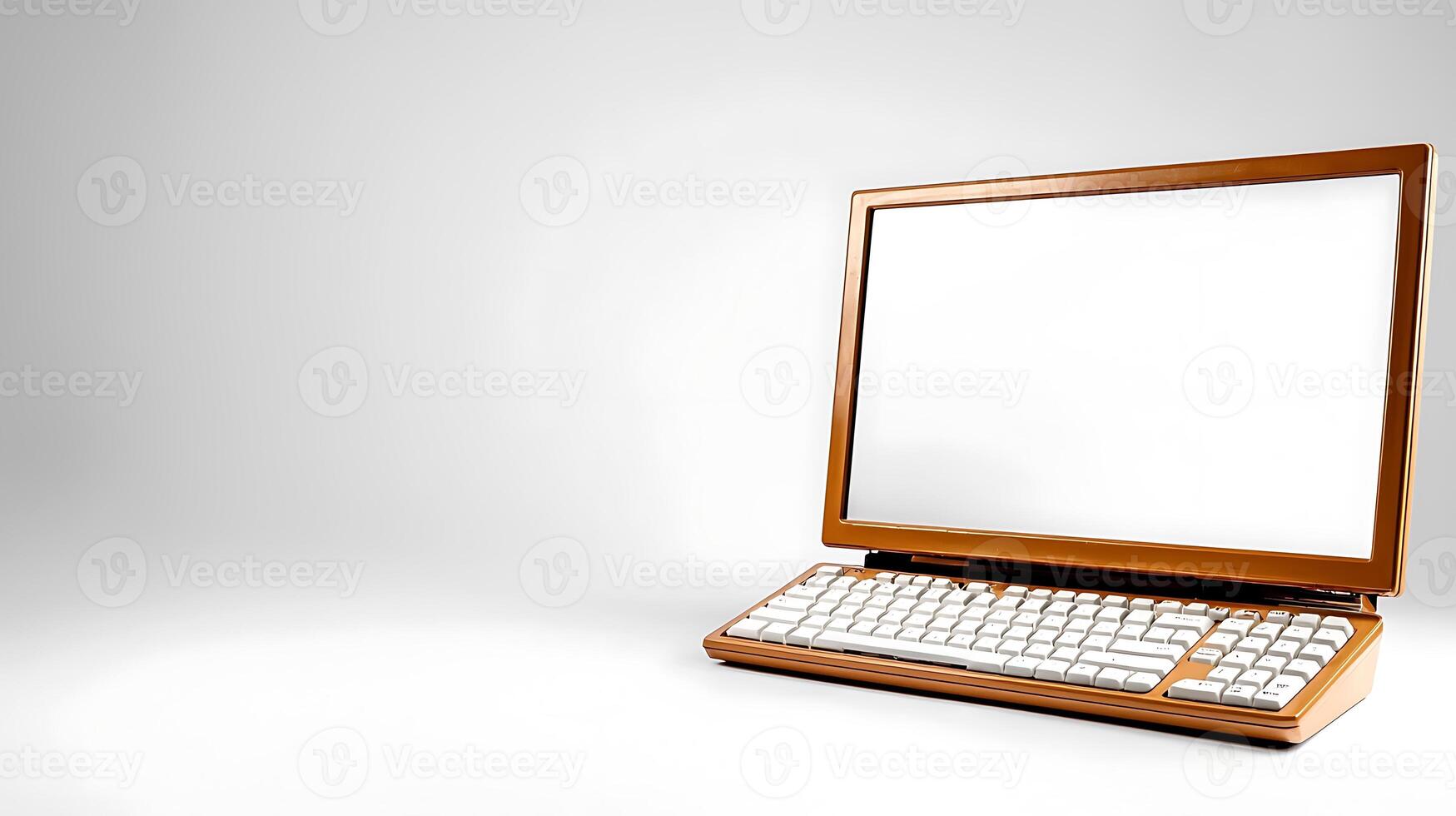 Stylish wooden laptop on a minimalist desk with an empty screen and soft lighting photo
