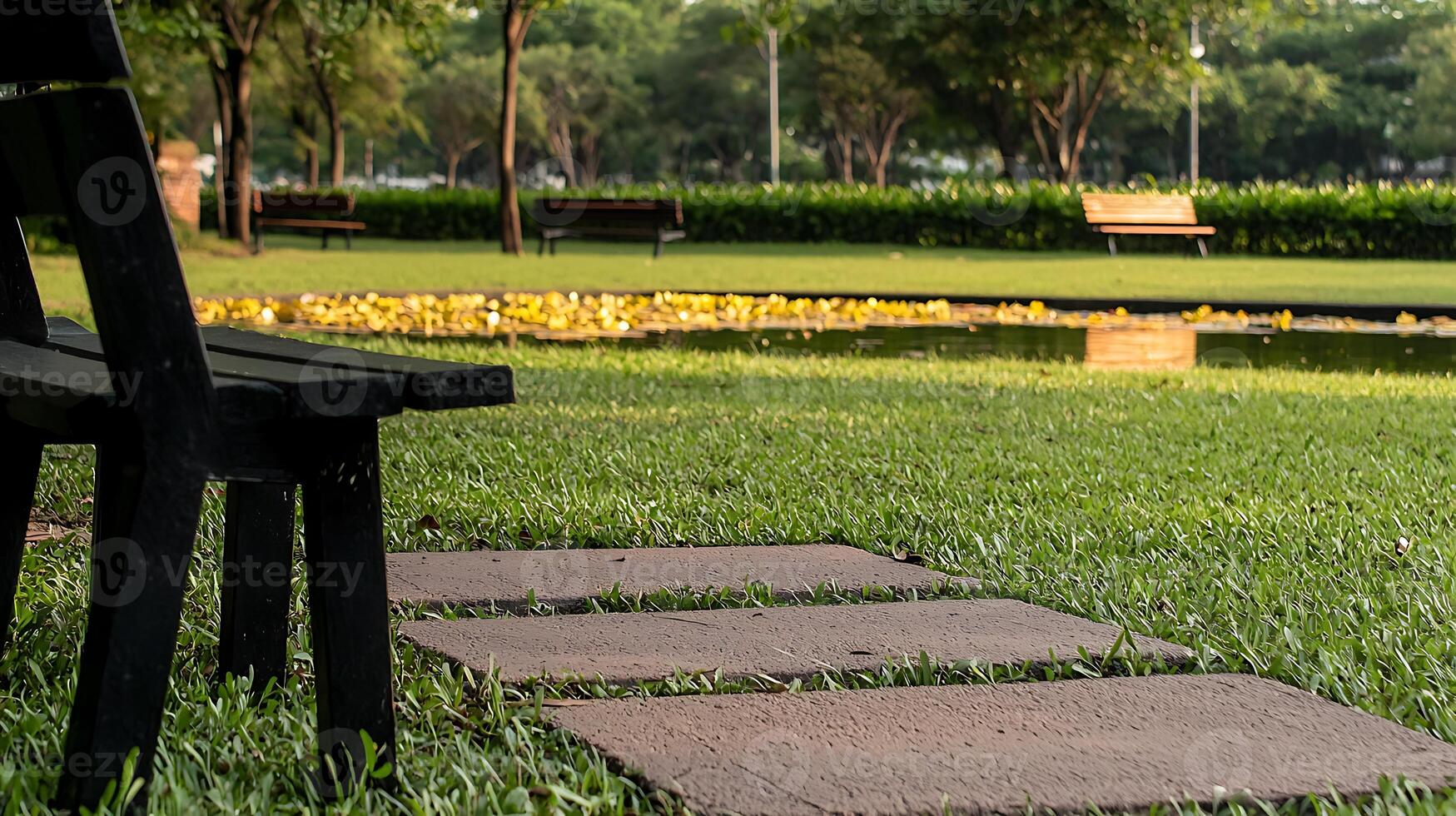Tranquil park scene featuring stone path leading to a serene pond with benches in the background photo