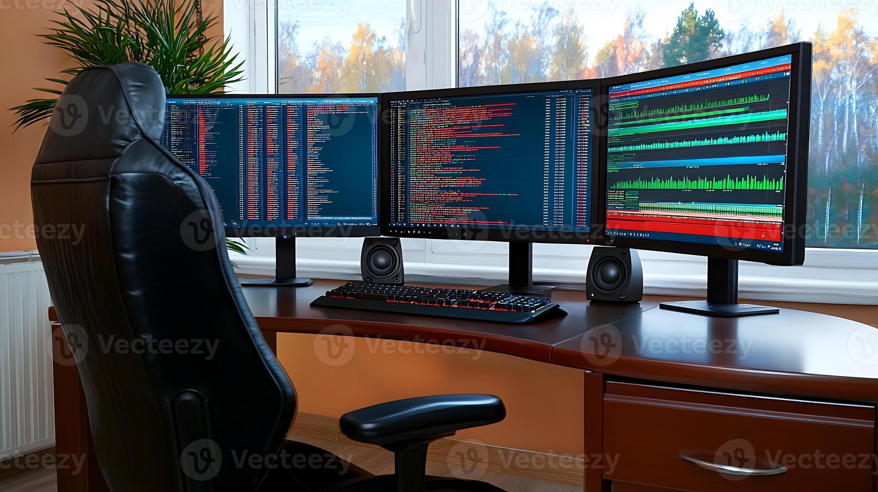 A modern workspace featuring three monitors displaying colorful data analysis, with a cozy atmosphere photo