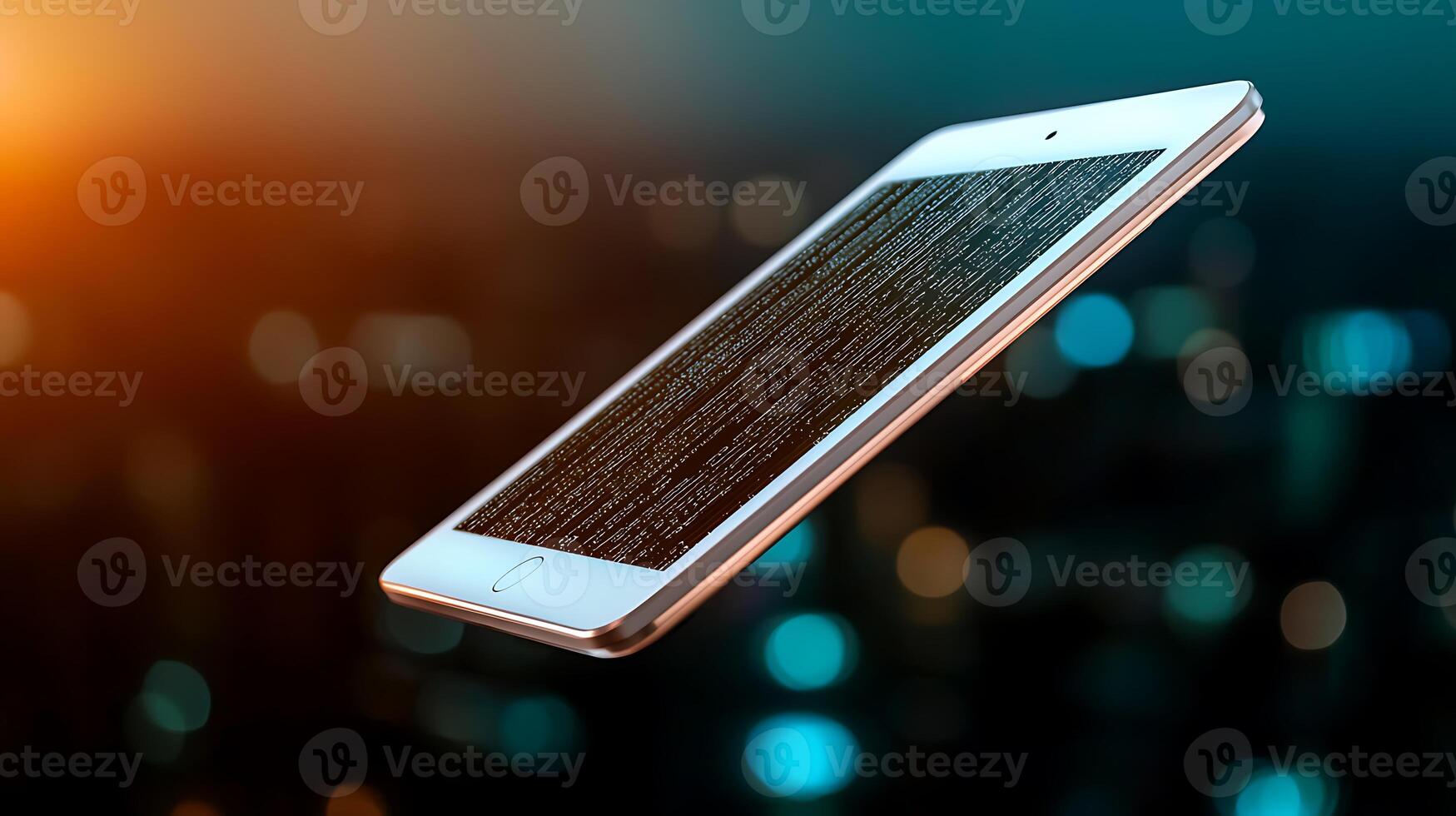 A smartphone floating against a blurred cityscape background, showcasing digital data streaming photo