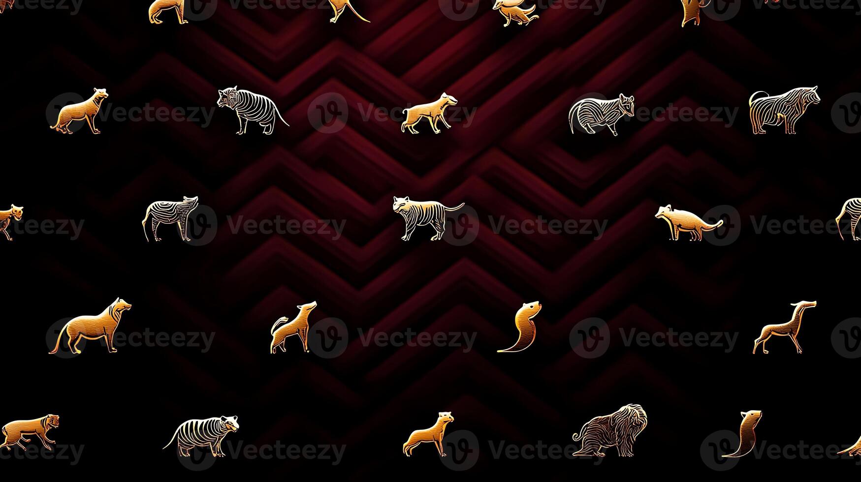 Pattern of stylized animal silhouettes on a dark chevron background, creating a vibrant design photo