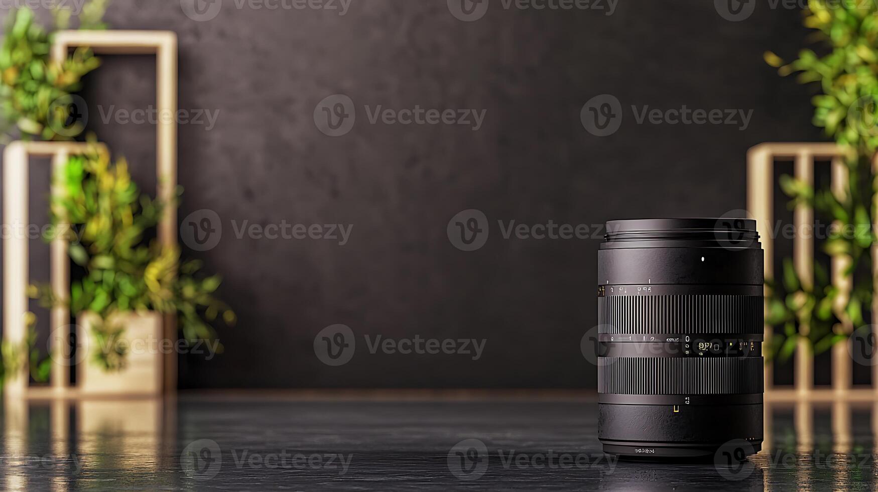 Professional camera lens positioned on a reflective surface with greenery in modern interior setting photo