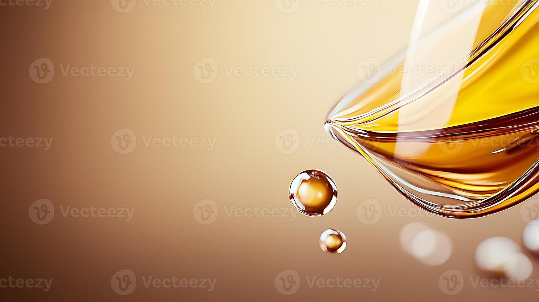 Close-up of amber liquid gracefully dripping from a glass surface, set against a soft gradient background photo