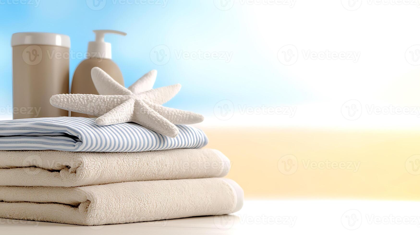 Soft towels and starfish arranged on a table with a beach background, evoking relaxation photo