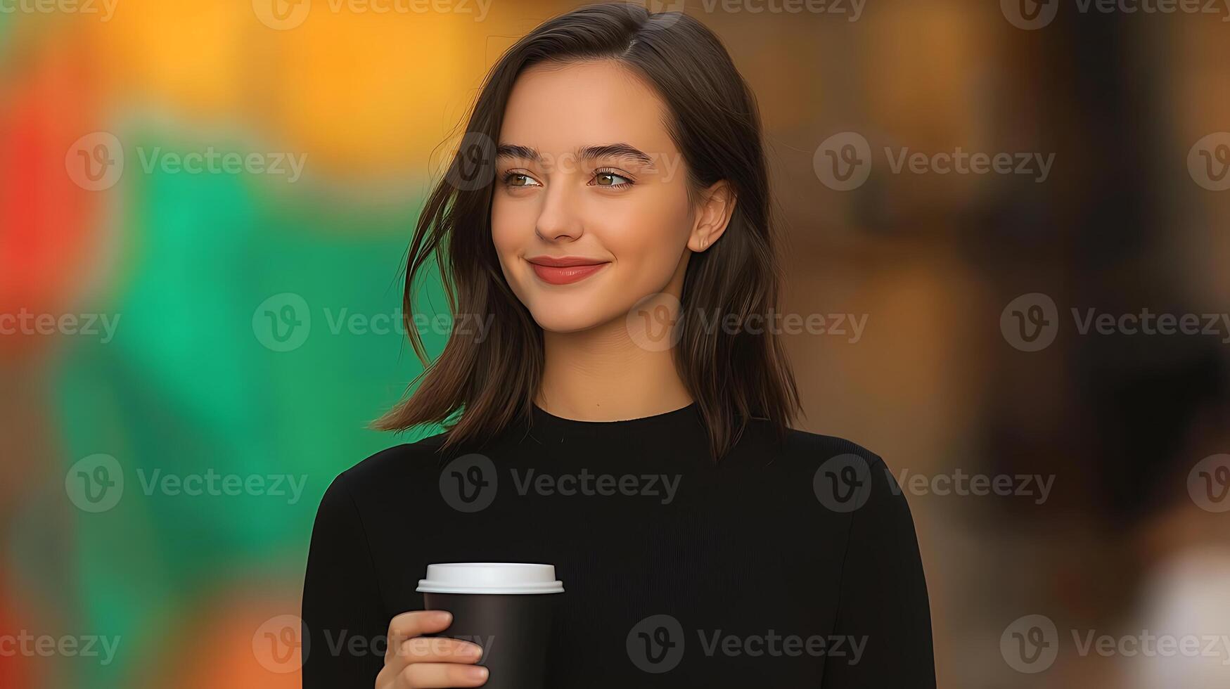 Young woman smiling while holding a coffee cup in a vibrant urban setting with blurred background photo