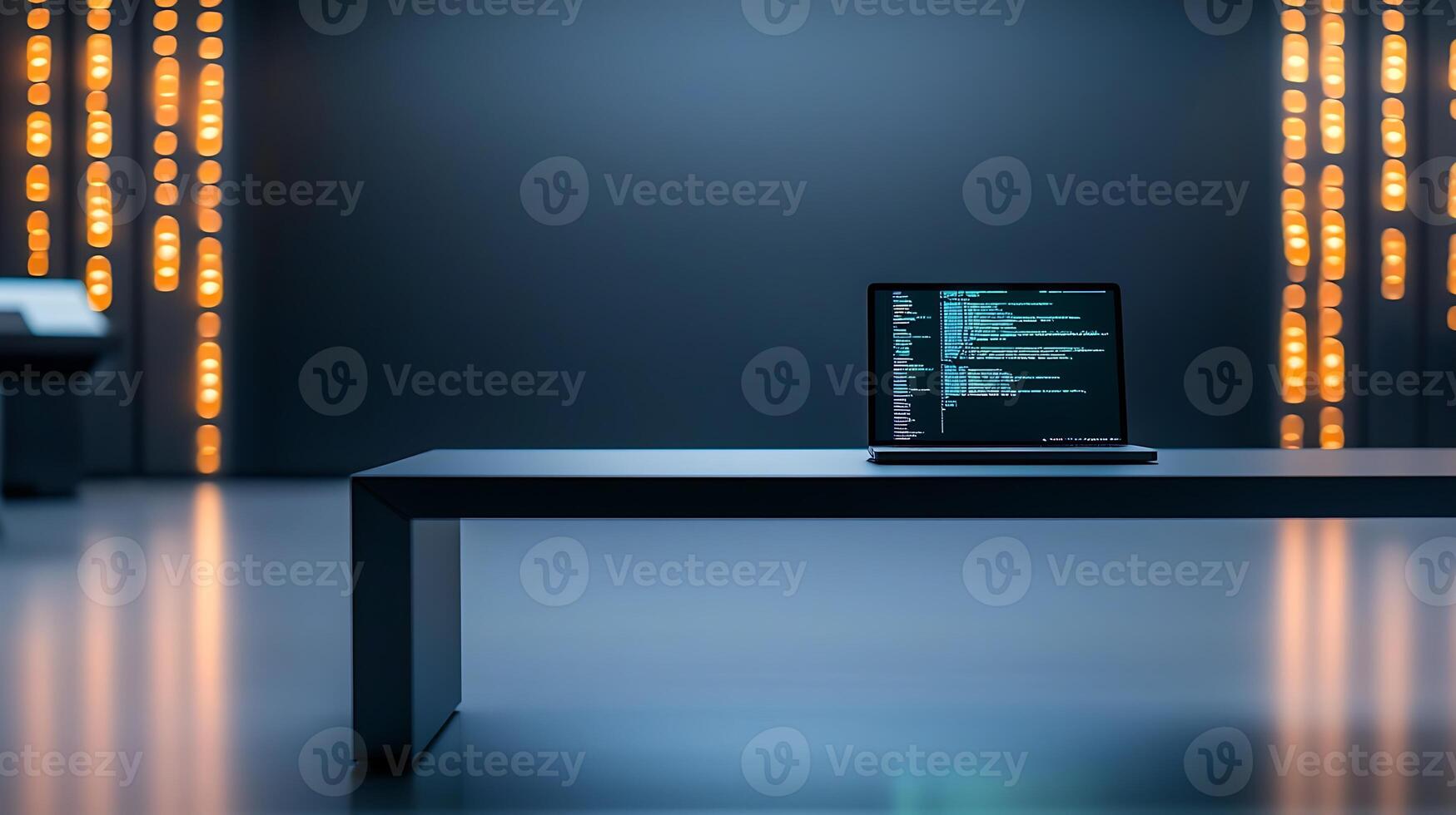 A sleek laptop displaying code on a modern table in a dimly lit, tech-inspired environment photo