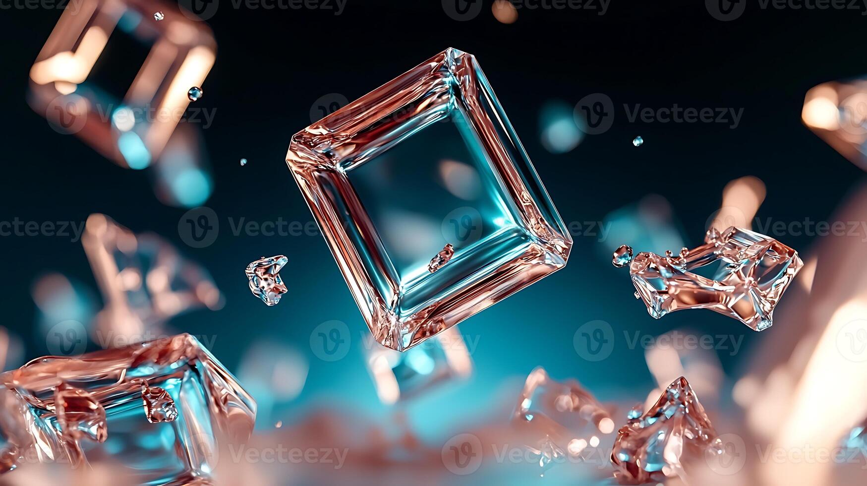 Abstract representation of floating crystalline structures in a vibrant blue and pink background photo