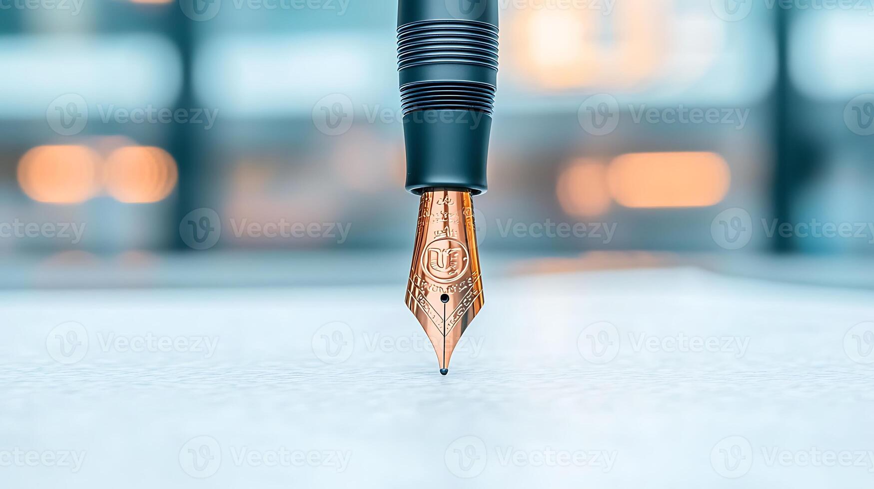 Close-up of a fountain pen's nib poised above a blank page in a softly blurred office setting photo