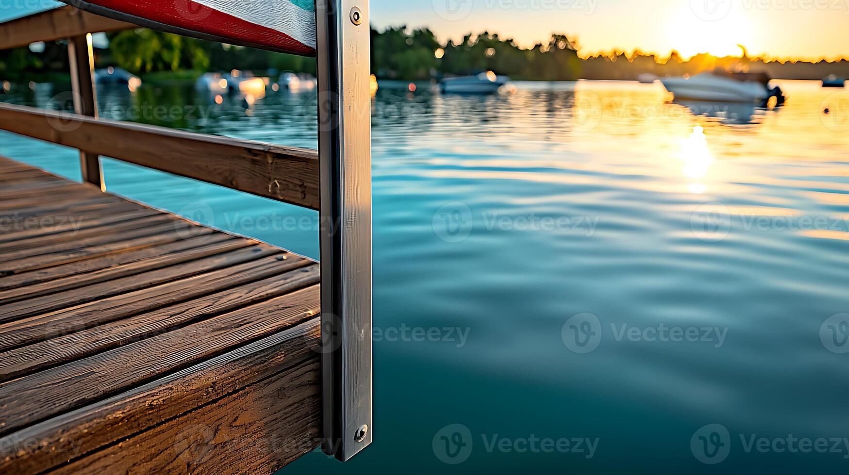 Serene lakeside view at sunset with dock, boats, and shimmering water reflections photo