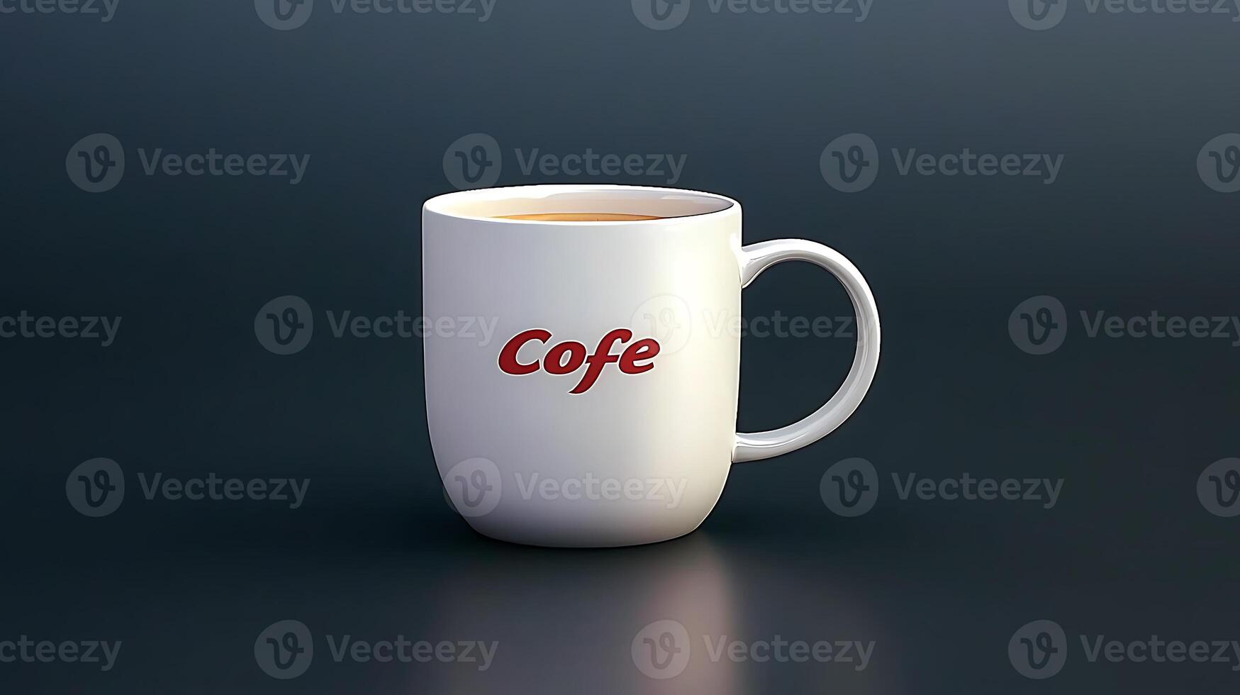 A close-up of a white coffee mug with a warm beverage, set against a dark background photo