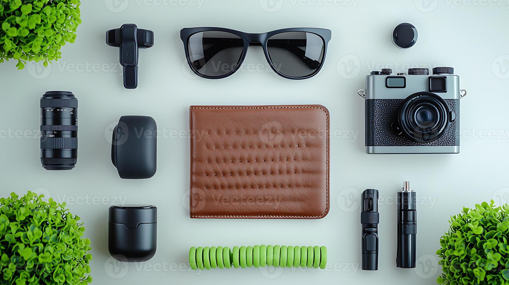 Stylish flat lay of photography gear and accessories arranged neatly on a light surface photo