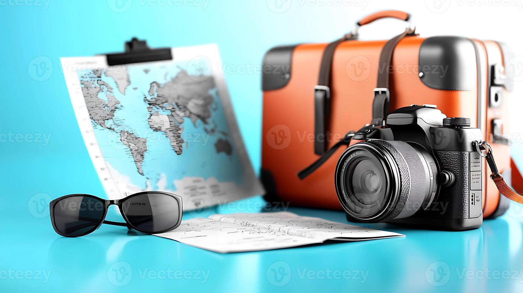Travel essentials including a camera, map, sunglasses, and suitcase on a vibrant background photo