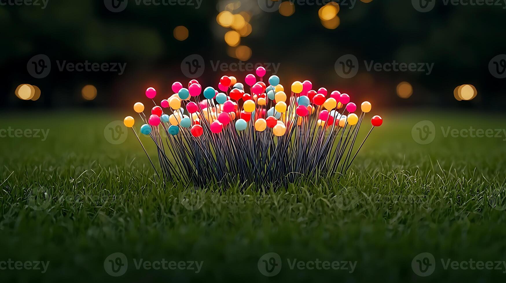 Colorful decorative pins clustered on grass, with a blurred natural background and bokeh effect photo