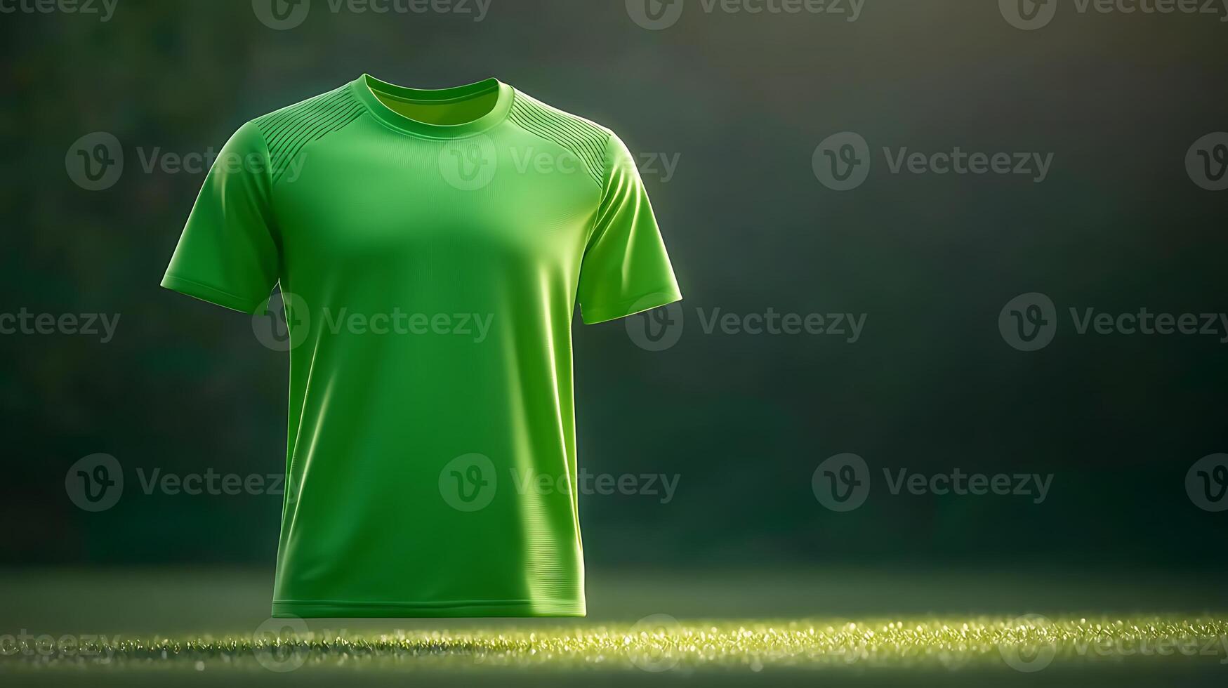 A vibrant green sports shirt displayed on a grassy field, illuminated by soft sunlight photo