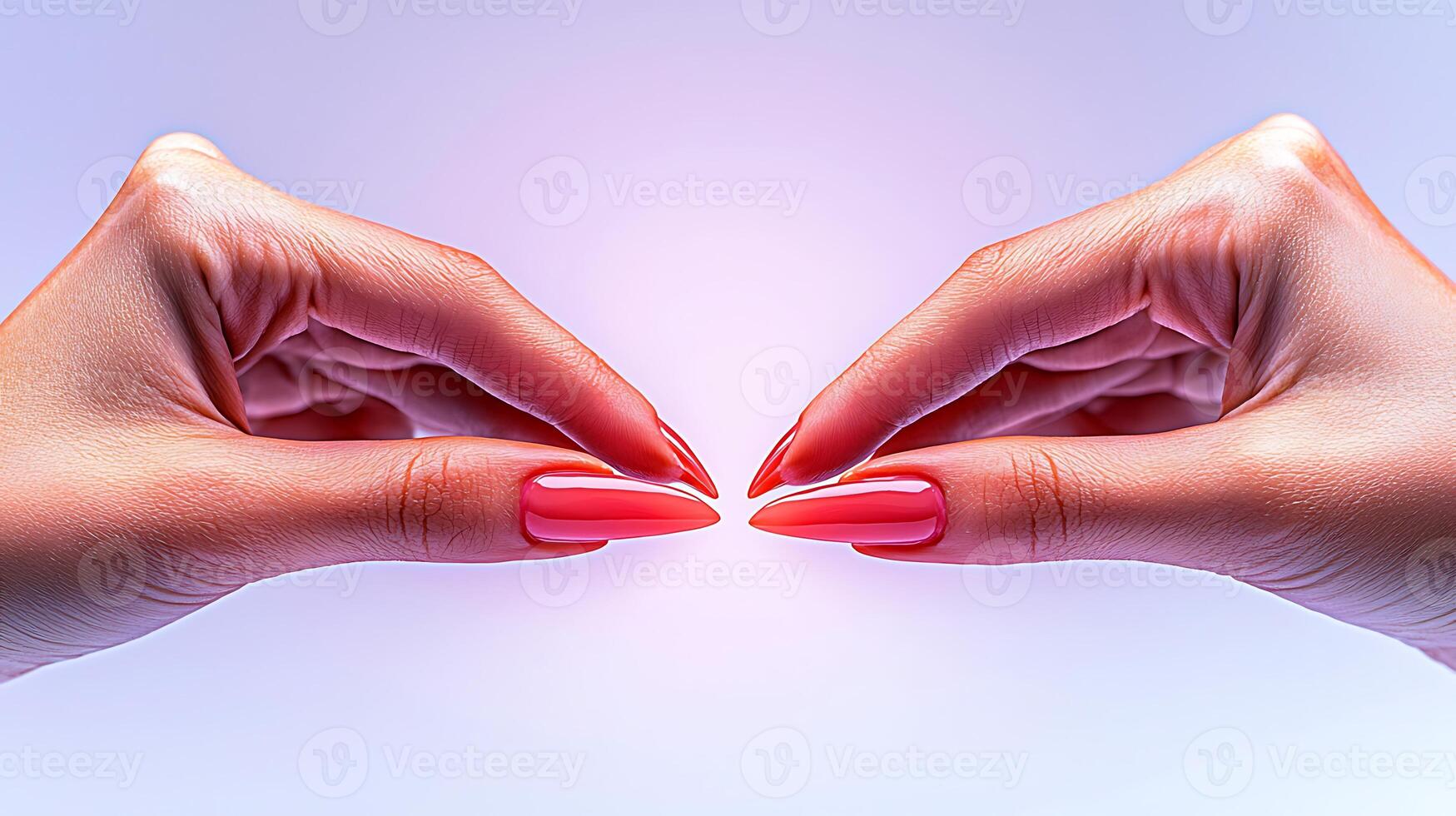 Two elegantly manicured hands with long nails positioned close together against a soft gradient background photo