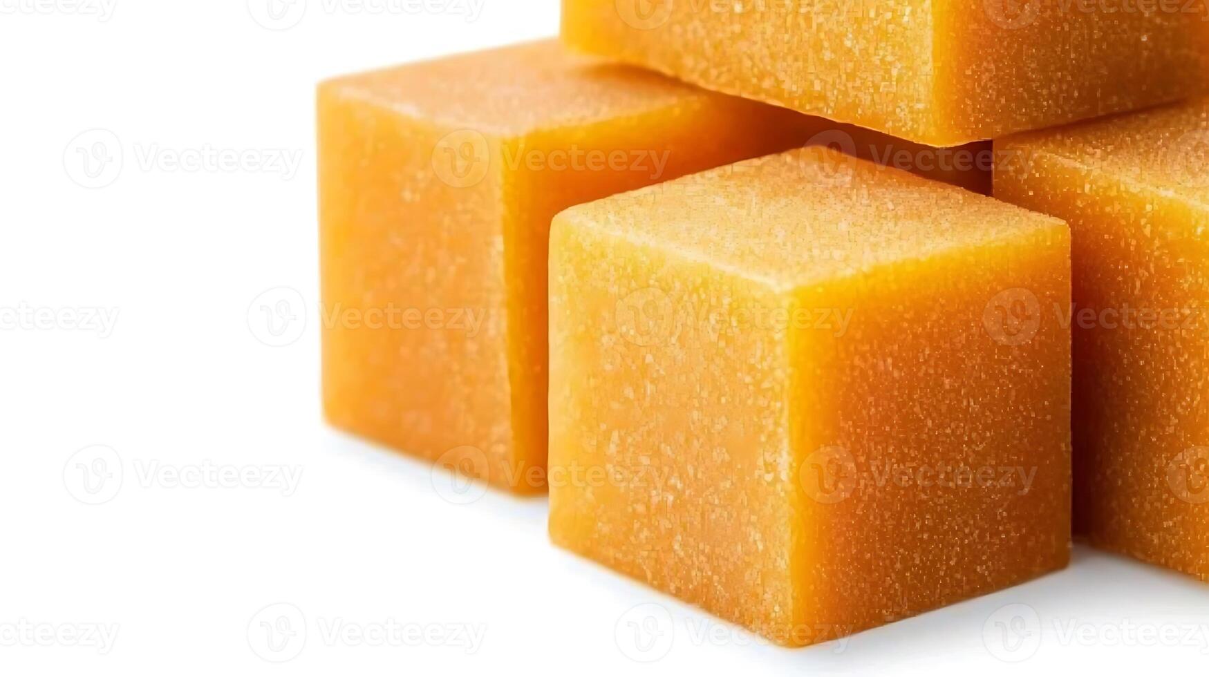 Close-up of stacked orange soap cubes on a white background, showcasing texture and color photo